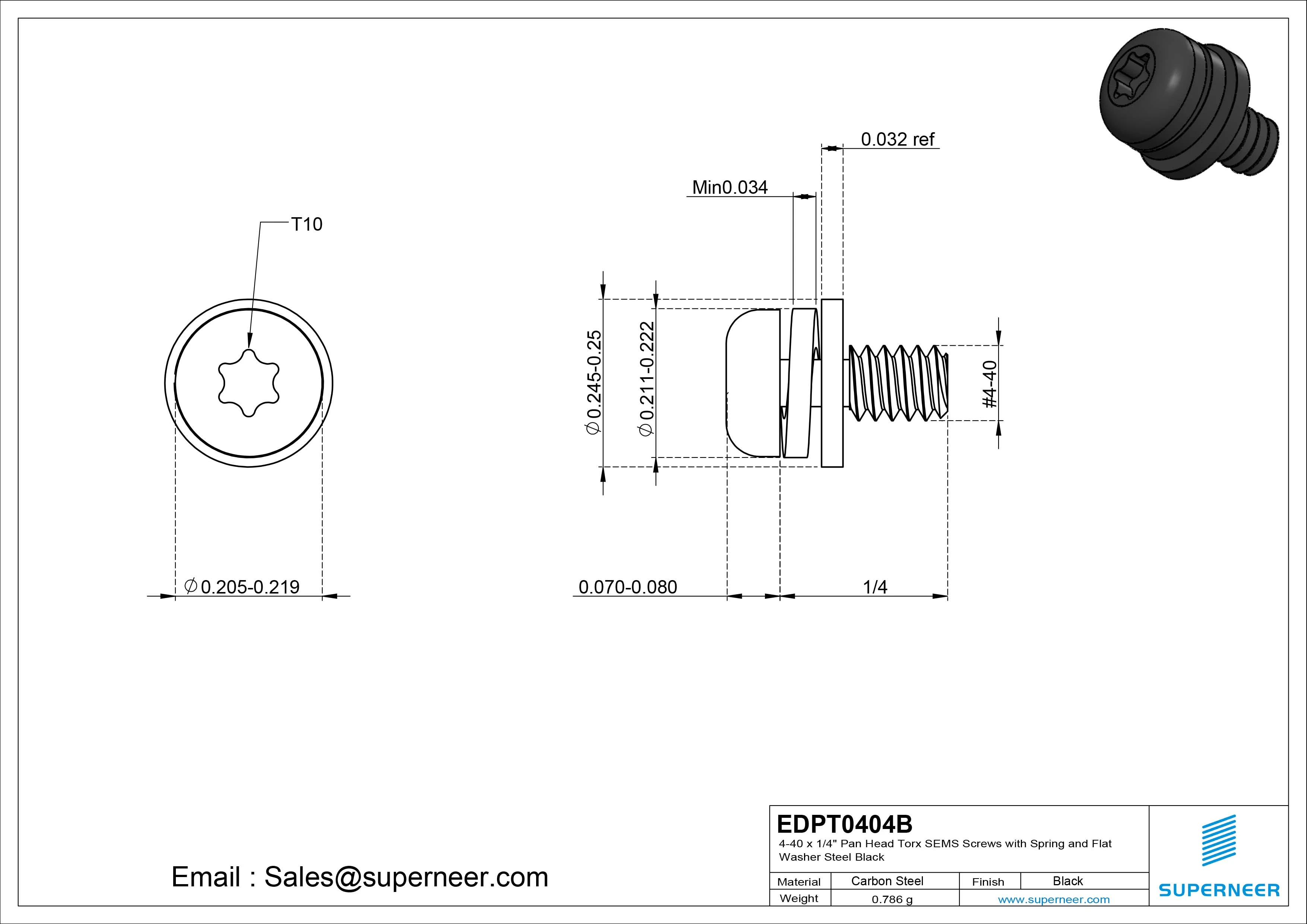 4-40 x 1/4" Pan Head Torx SEMS Screws with Spring and Flat Washer Steel Black