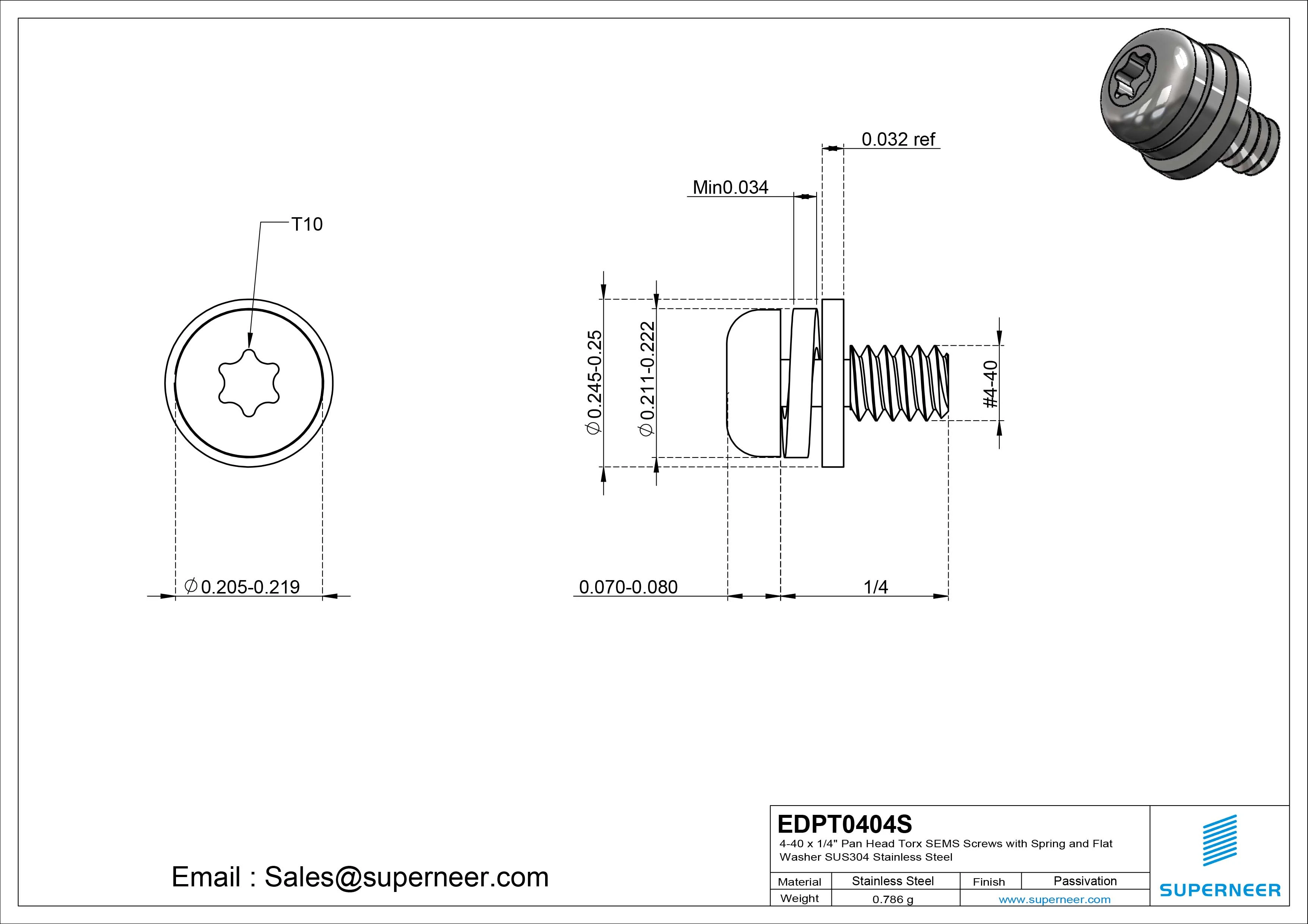 4-40 x 1/4" Pan Head Torx SEMS Screws with Spring and Flat Washer SUS304 Stainless Steel Inox