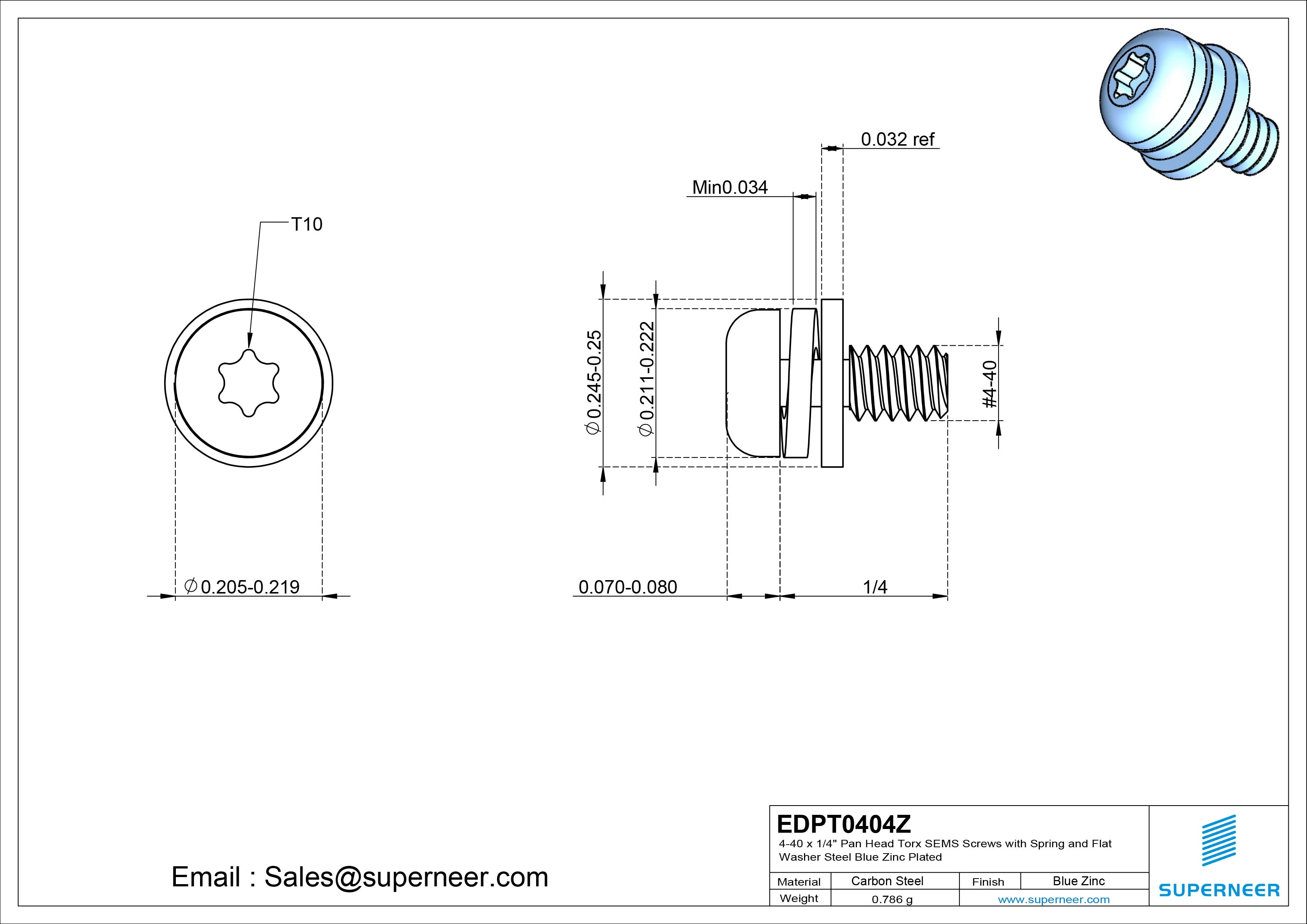 4-40 x 1/4" Pan Head Torx SEMS Screws with Spring and Flat Washer Steel Blue Zinc Plated