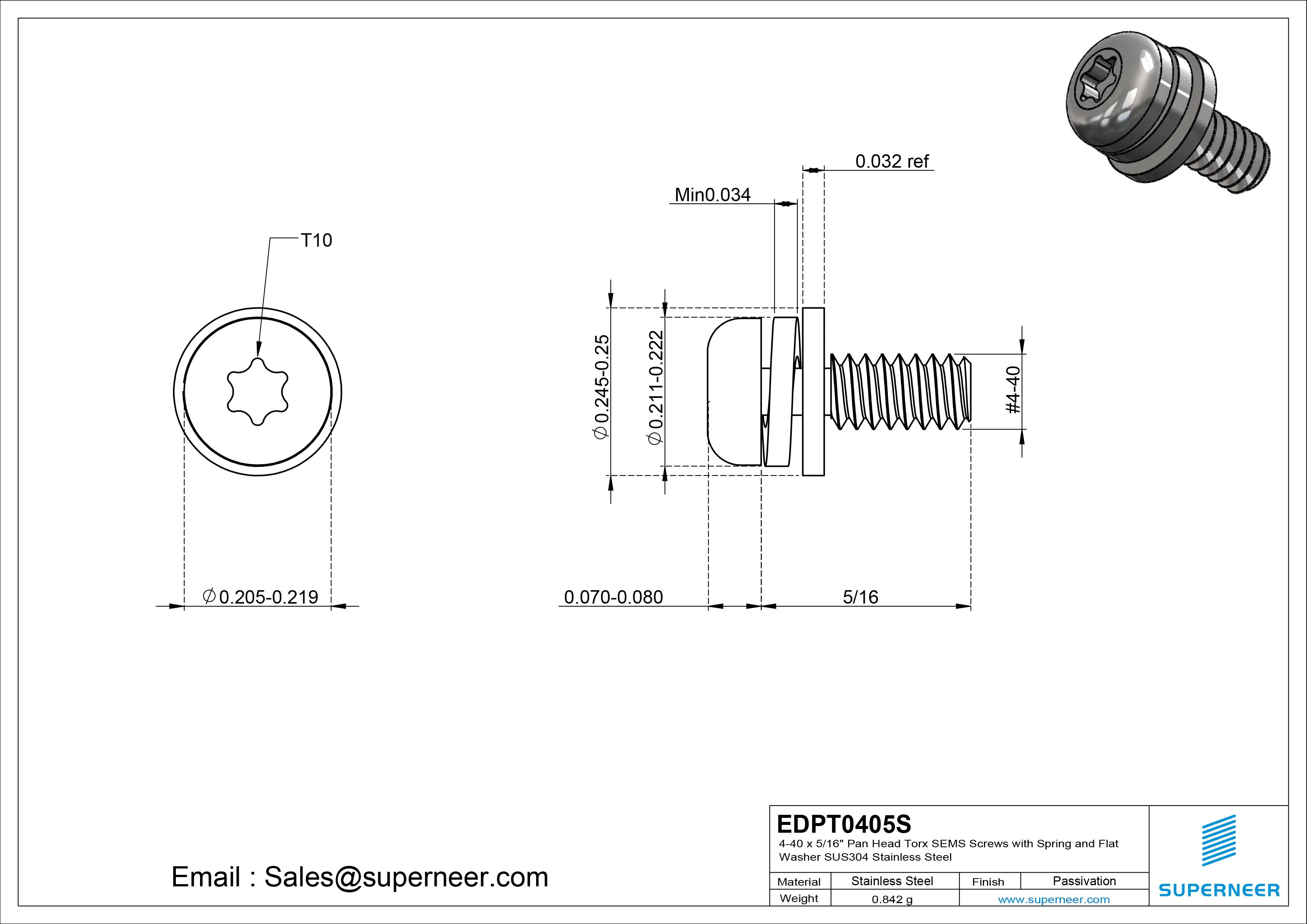 4-40 x 5/16" Pan Head Torx SEMS Screws with Spring and Flat Washer SUS304 Stainless Steel Inox