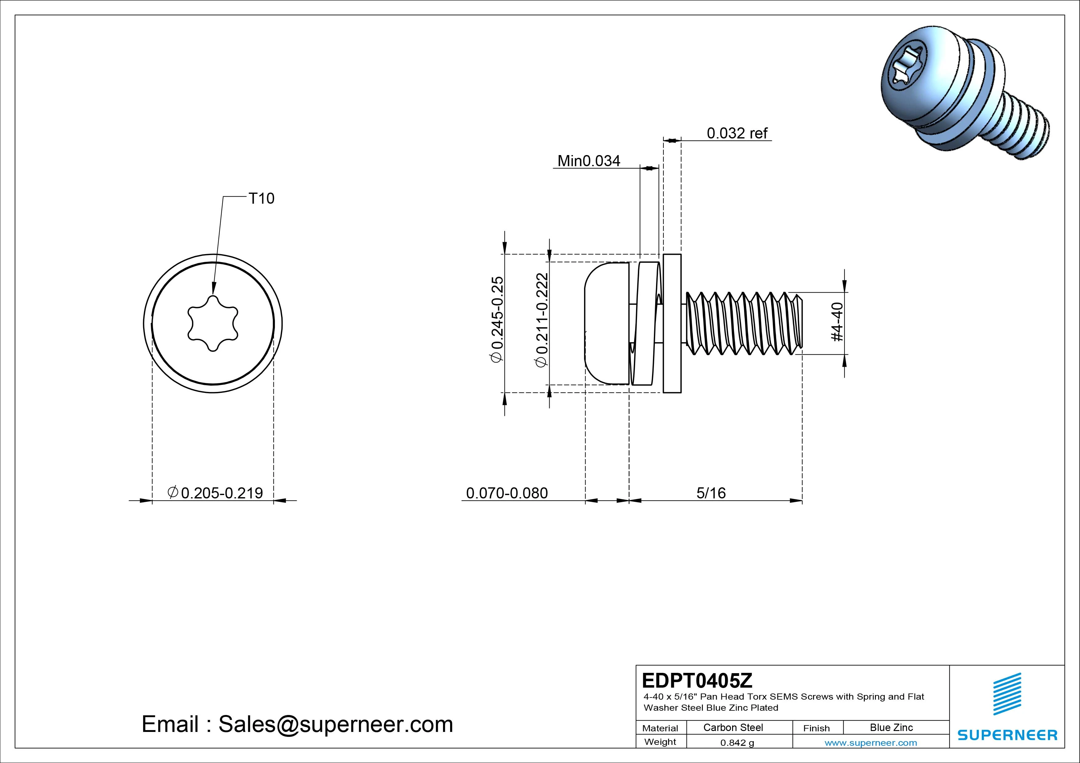 4-40 x 5/16" Pan Head Torx SEMS Screws with Spring and Flat Washer Steel Blue Zinc Plated