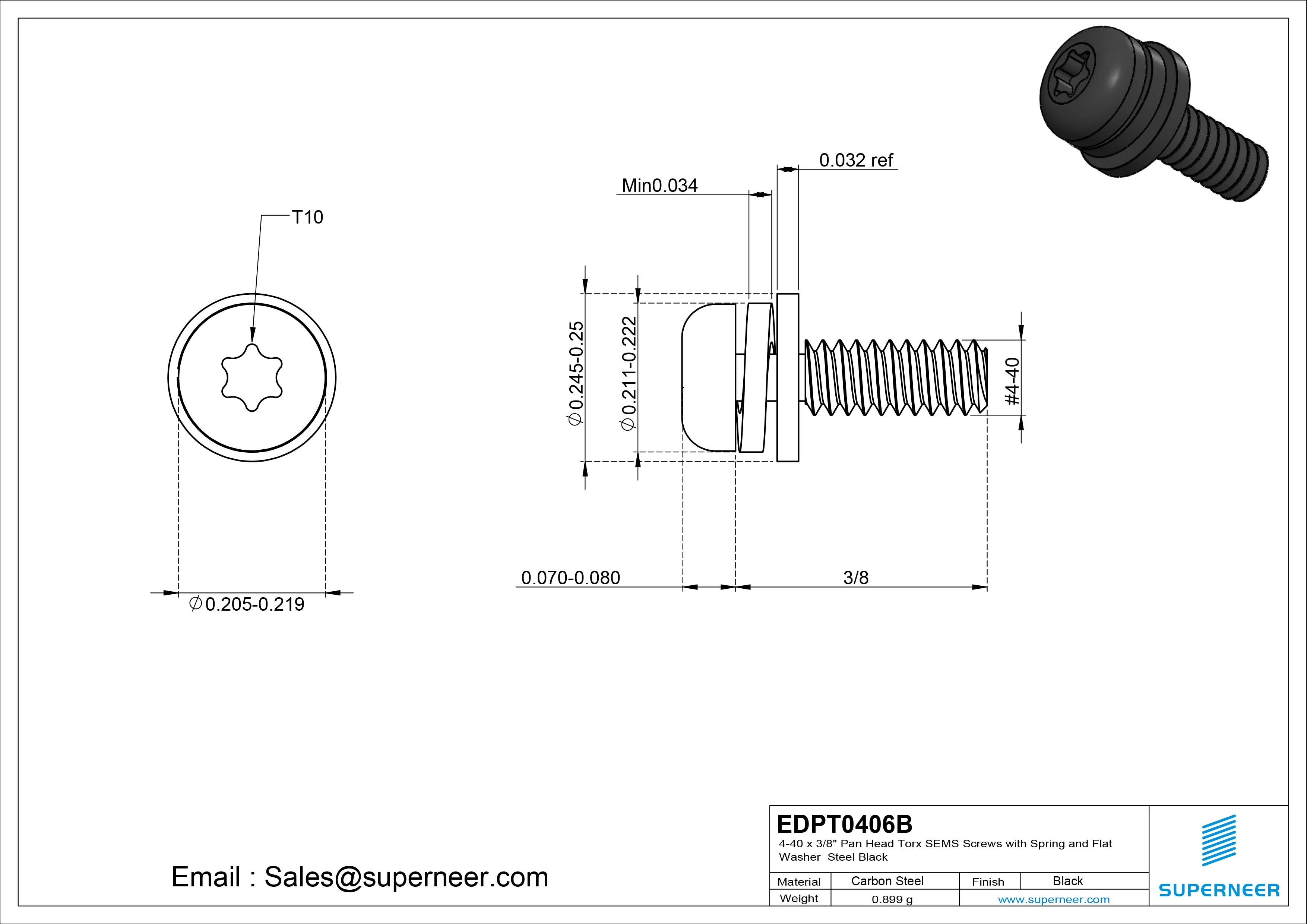 4-40 x 3/8" Pan Head Torx SEMS Screws with Spring and Flat Washer Steel Black