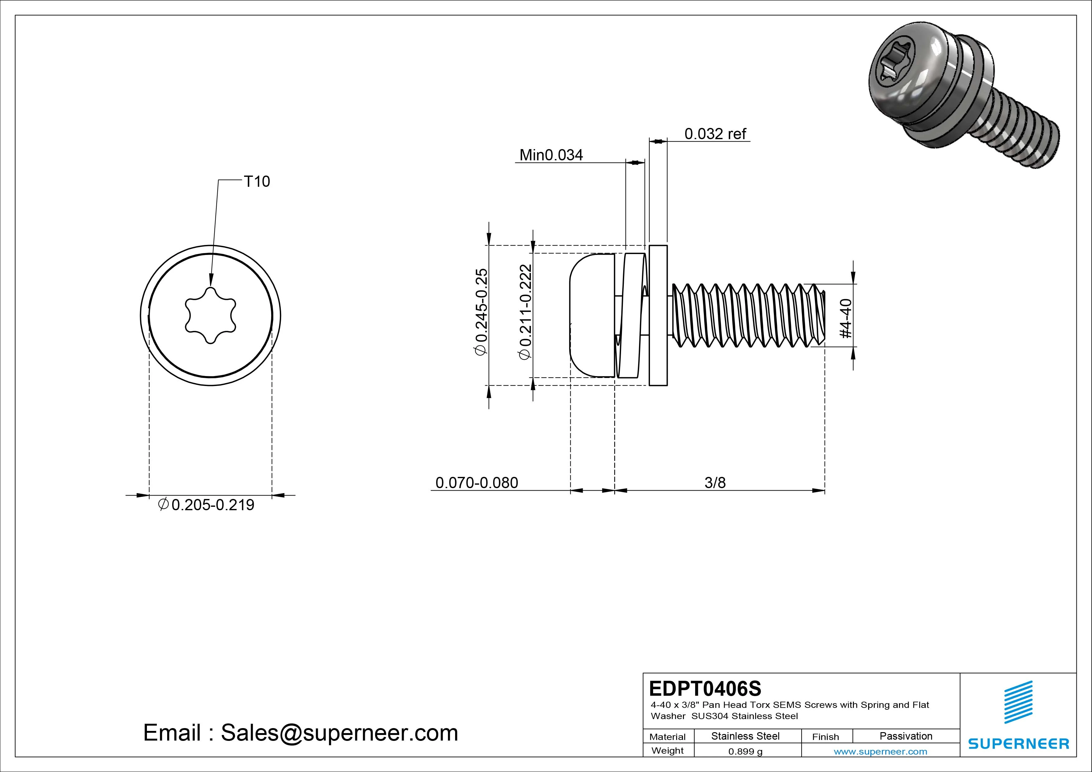 4-40 x 3/8" Pan Head Torx SEMS Screws with Spring and Flat Washer SUS304 Stainless Steel Inox