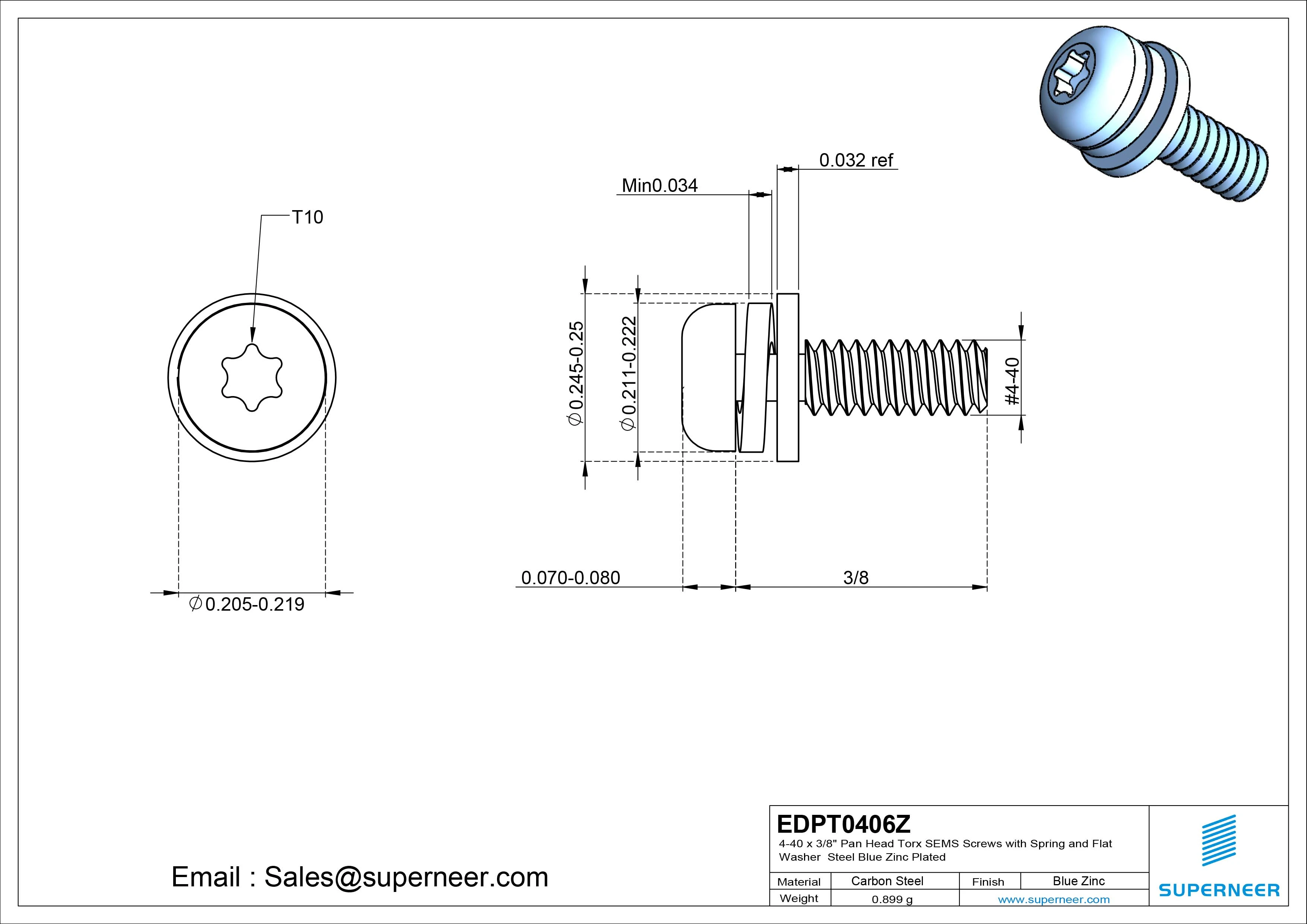 4-40 x 3/8" Pan Head Torx SEMS Screws with Spring and Flat Washer Steel Blue Zinc Plated