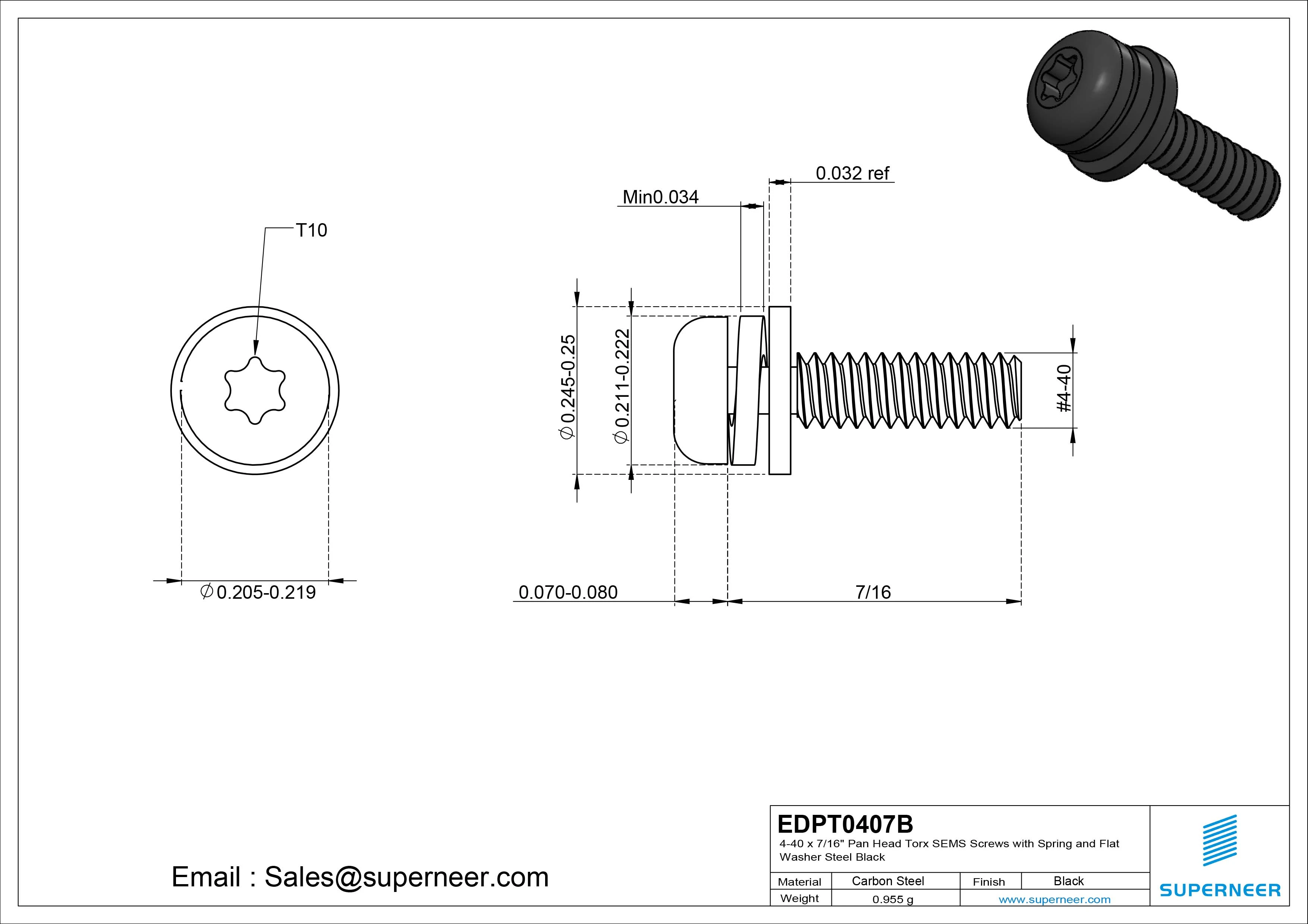 4-40 x 7/16" Pan Head Torx SEMS Screws with Spring and Flat Washer Steel Black