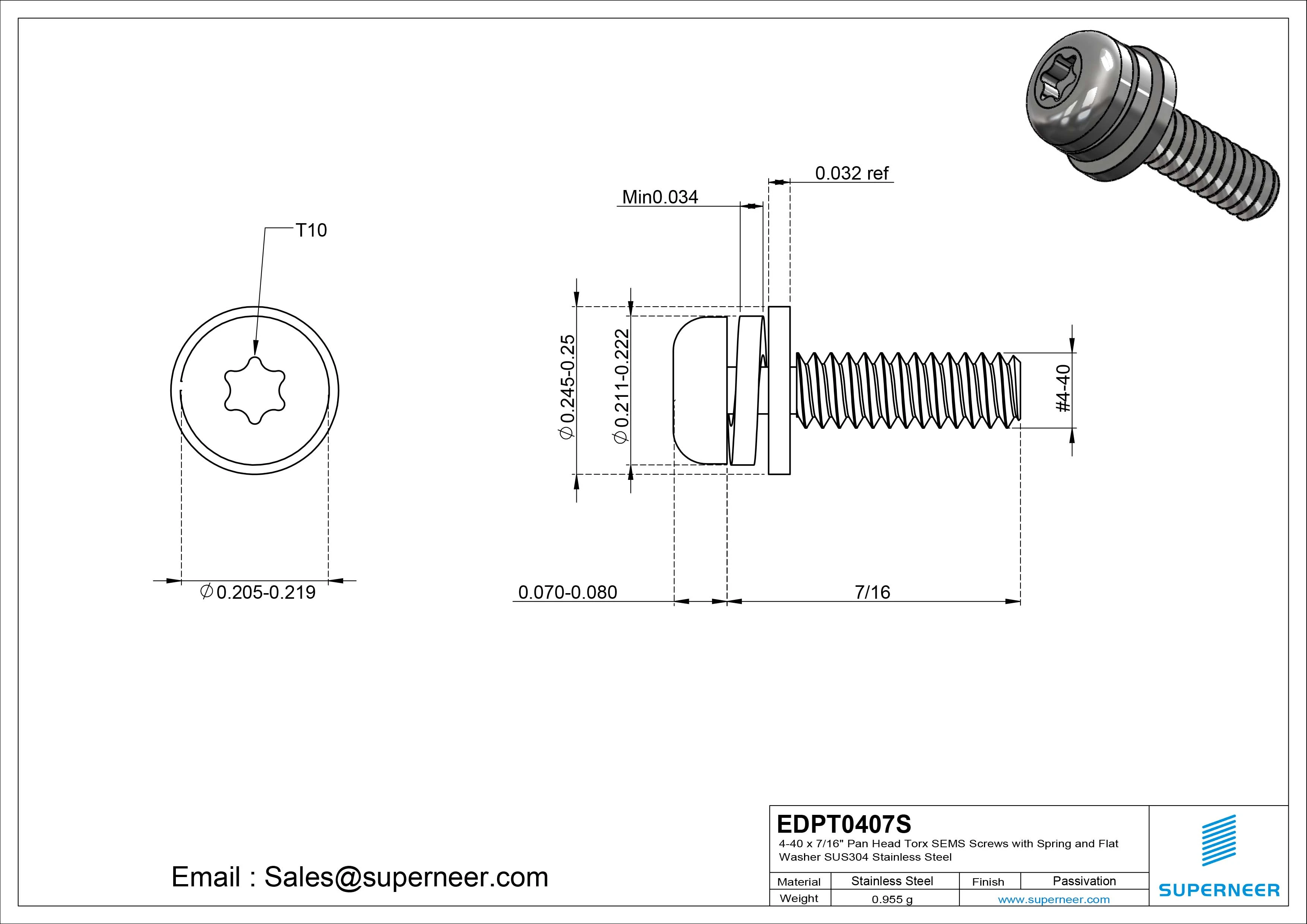 4-40 x 7/16" Pan Head Torx SEMS Screws with Spring and Flat Washer SUS304 Stainless Steel Inox