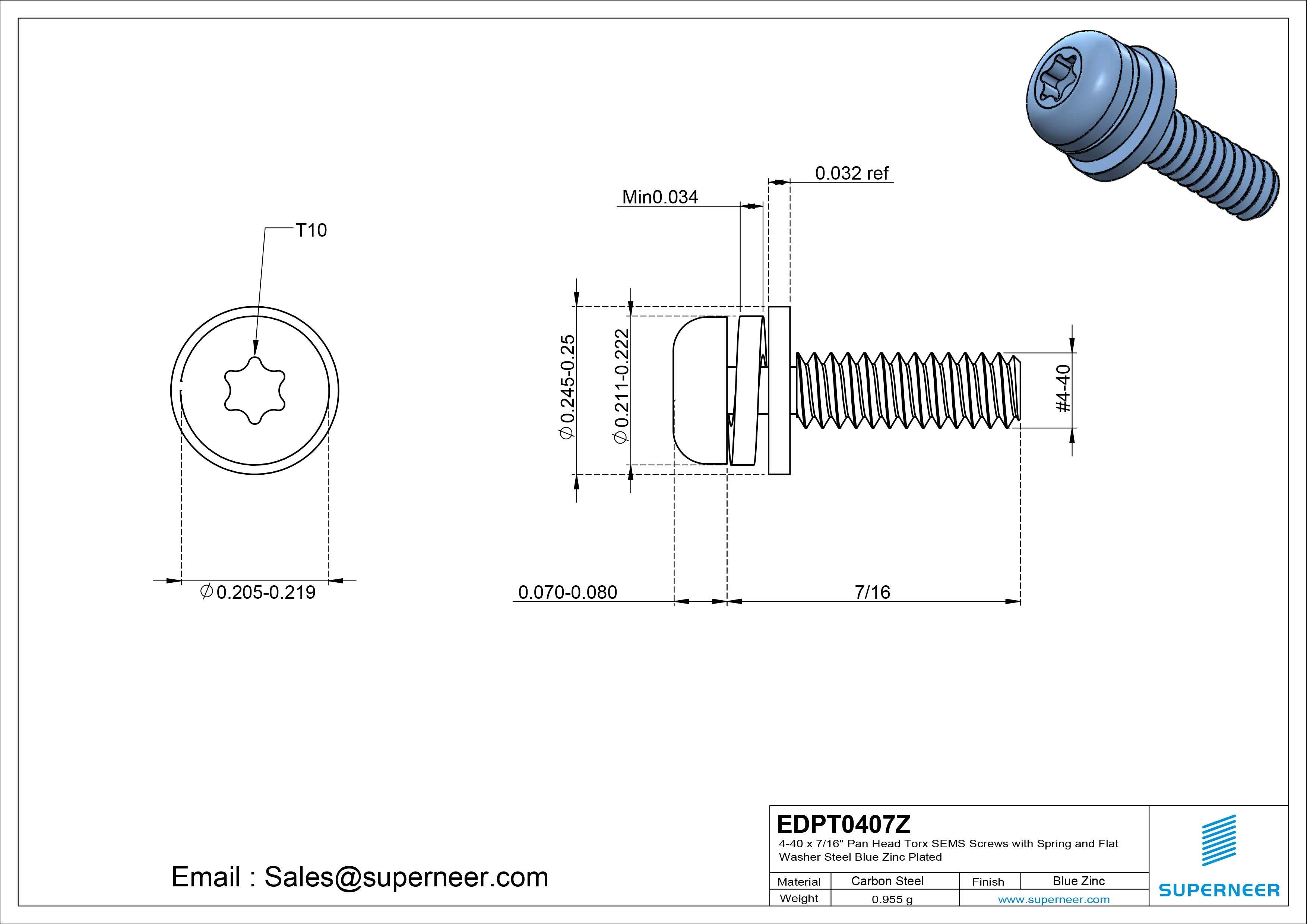 4-40 x 7/16" Pan Head Torx SEMS Screws with Spring and Flat Washer Steel Blue Zinc Plated