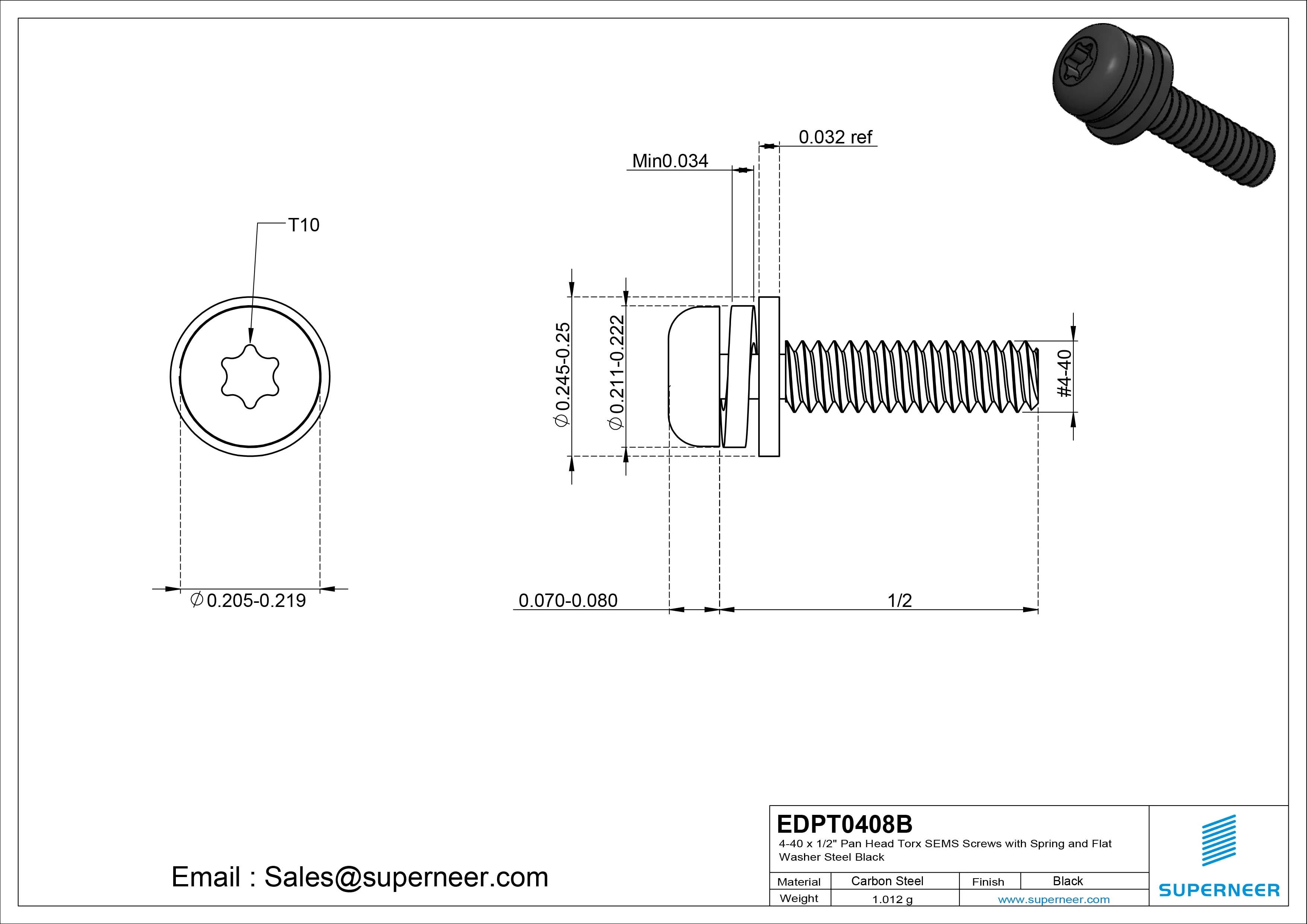 4-40 x 1/2" Pan Head Torx SEMS Screws with Spring and Flat Washer Steel Black