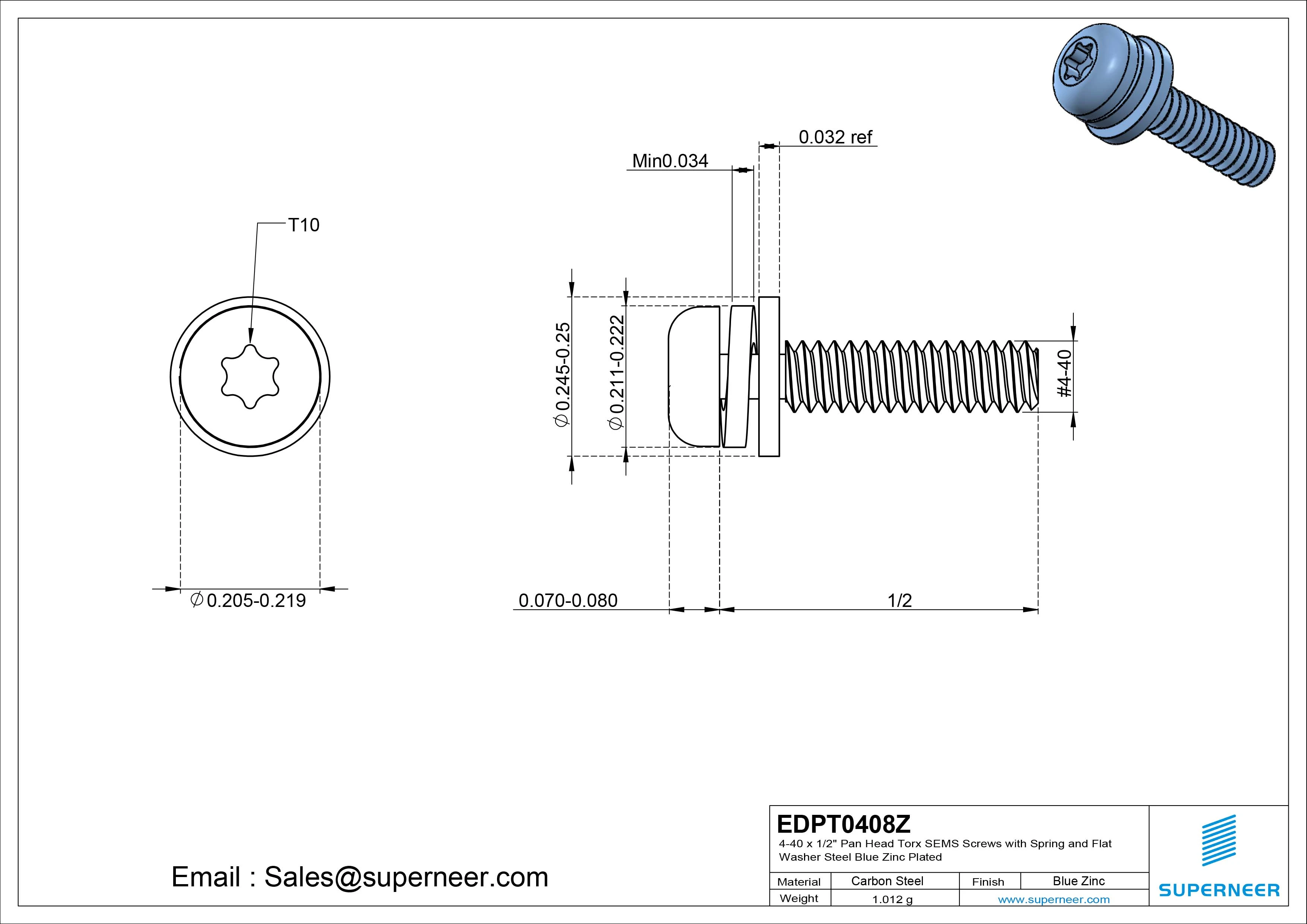 4-40 x 1/2" Pan Head Torx SEMS Screws with Spring and Flat Washer Steel Blue Zinc Plated