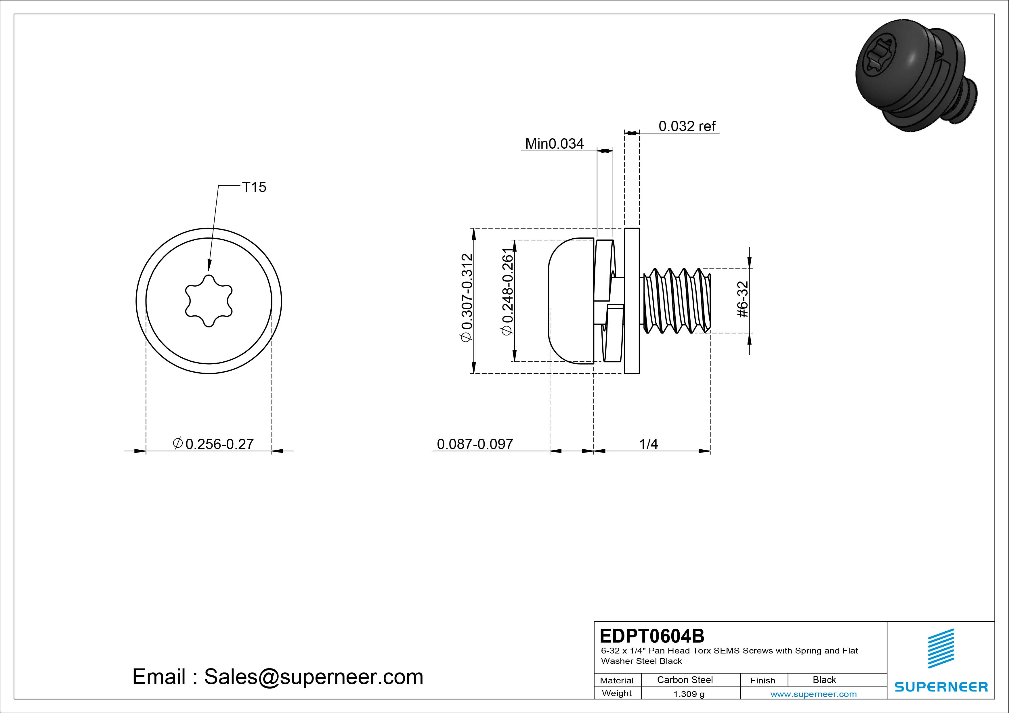 6-32 x 1/4" Pan Head Torx SEMS Screws with Spring and Flat Washer Steel Black