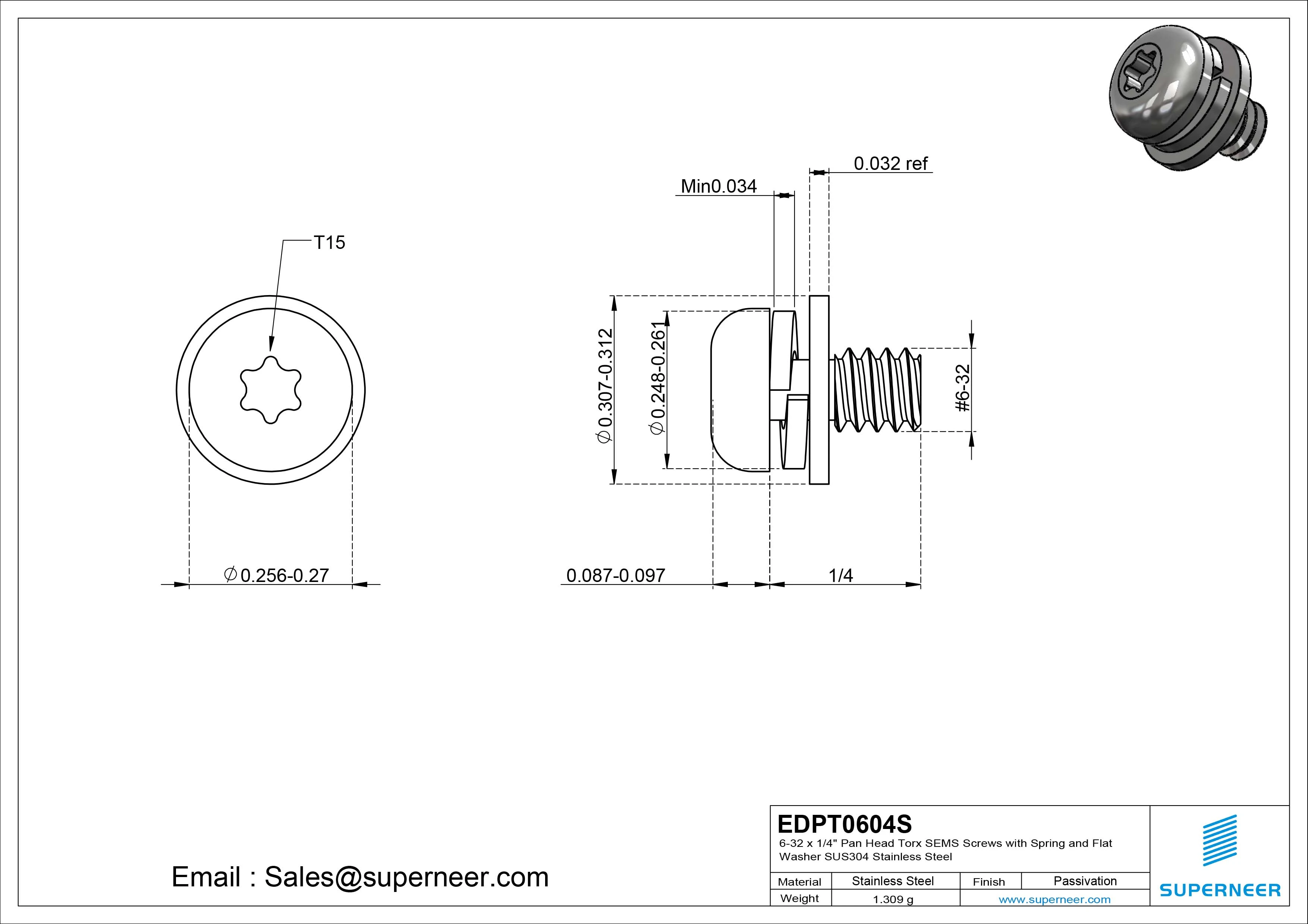 6-32 x 1/4" Pan Head Torx SEMS Screws with Spring and Flat Washer SUS304 Stainless Steel Inox