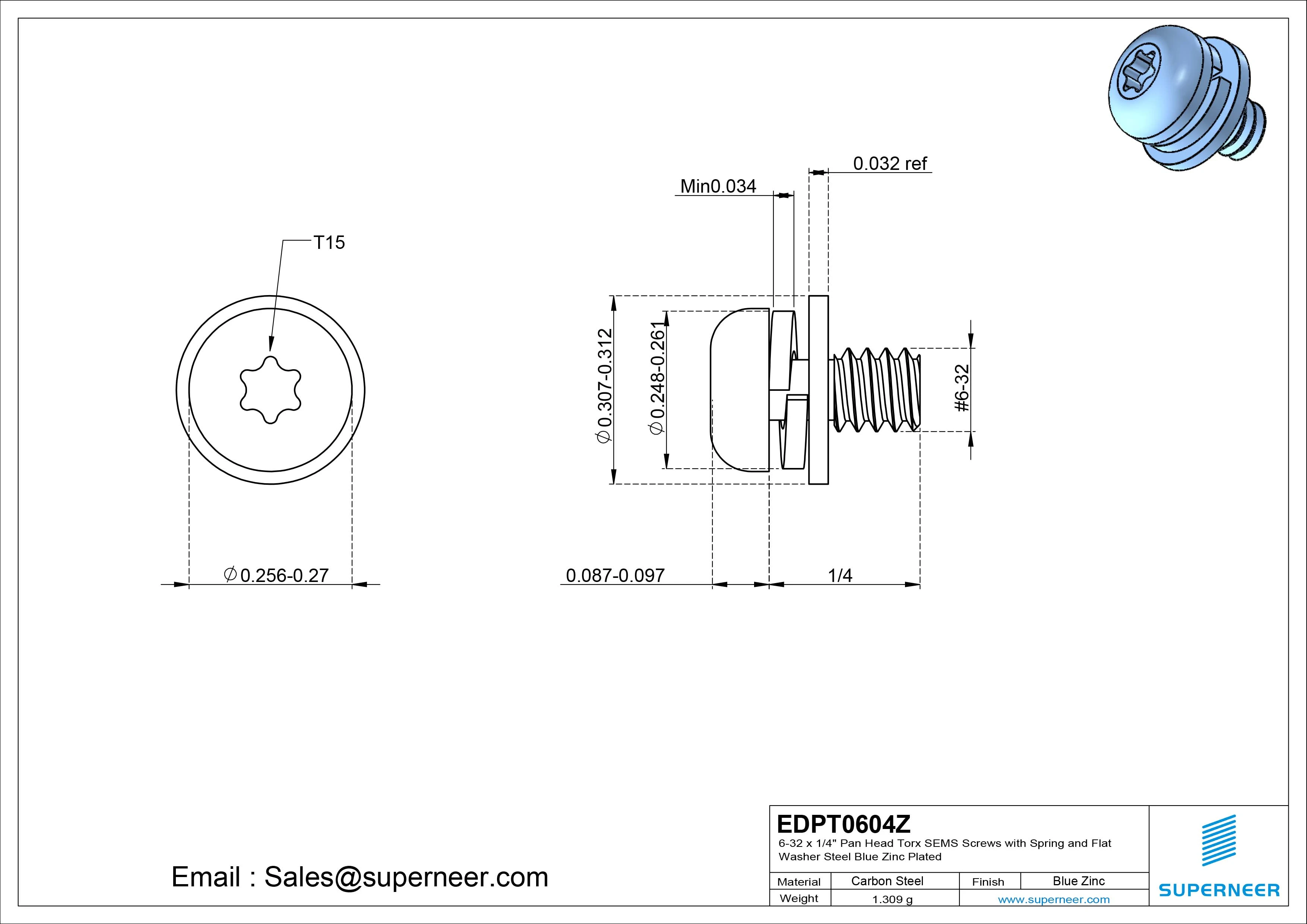 6-32 x 1/4" Pan Head Torx SEMS Screws with Spring and Flat Washer Steel Blue Zinc Plated