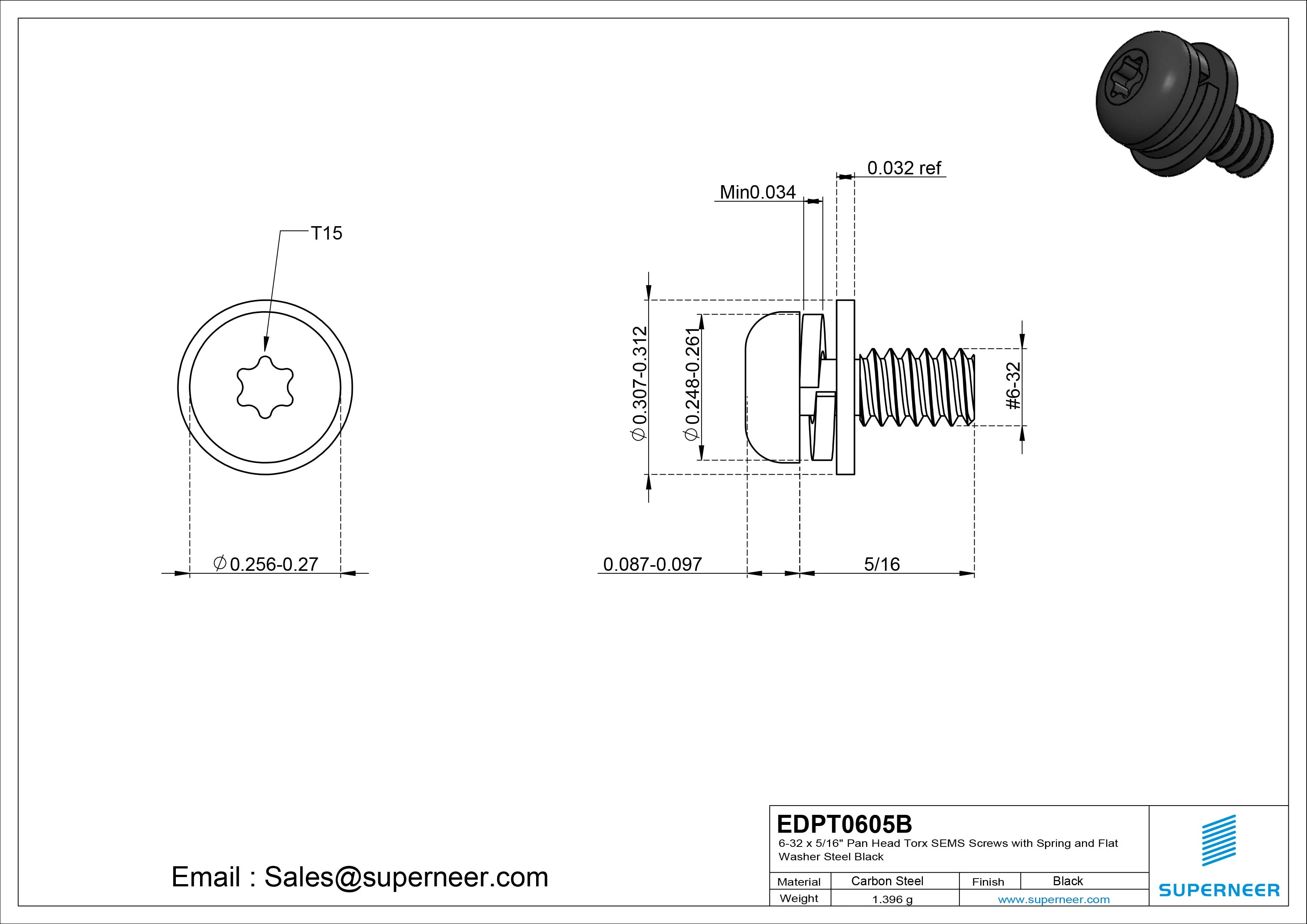 6-32 x 5/16" Pan Head Torx SEMS Screws with Spring and Flat Washer Steel Black