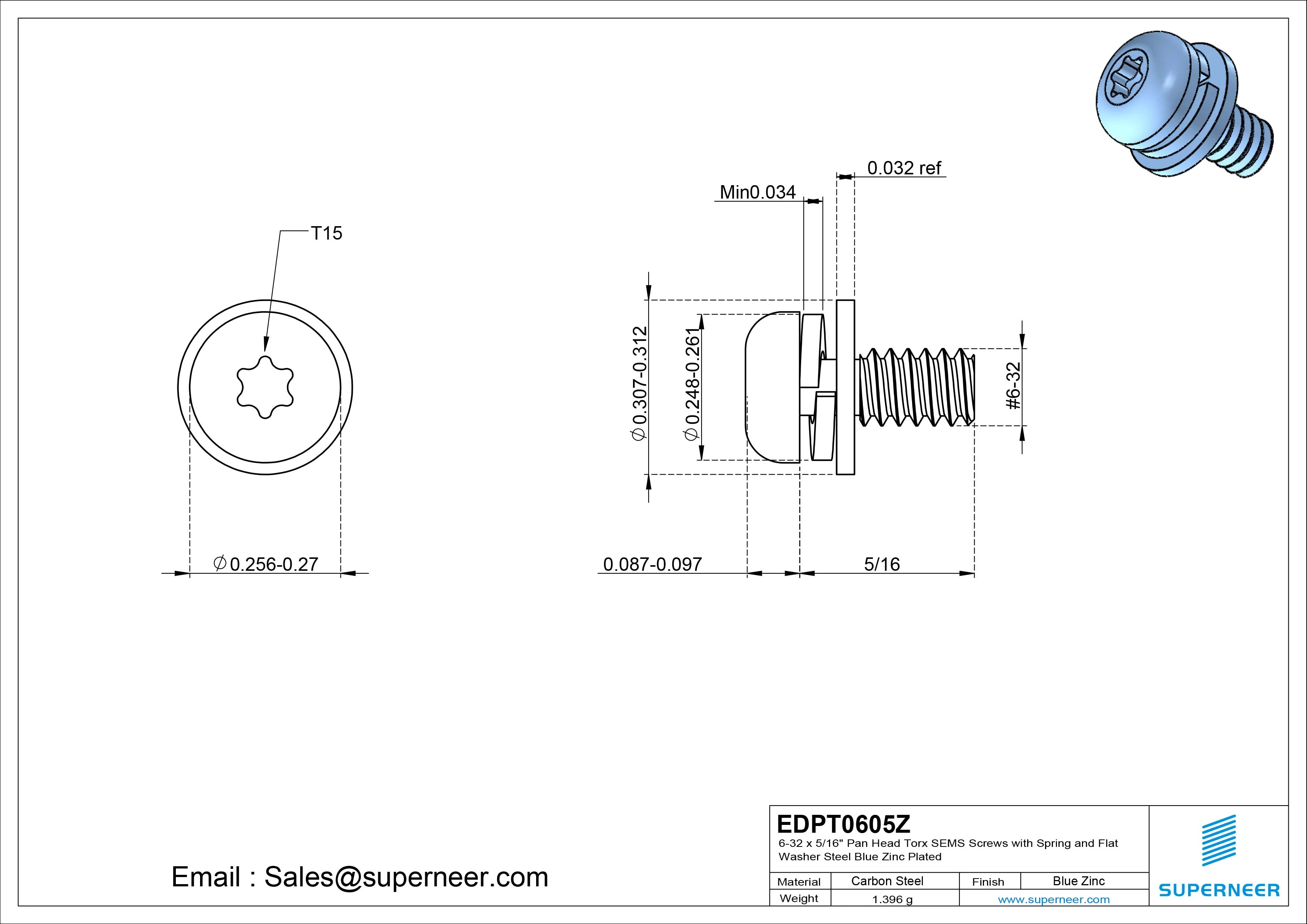 6-32 x 5/16" Pan Head Torx SEMS Screws with Spring and Flat Washer Steel Blue Zinc Plated
