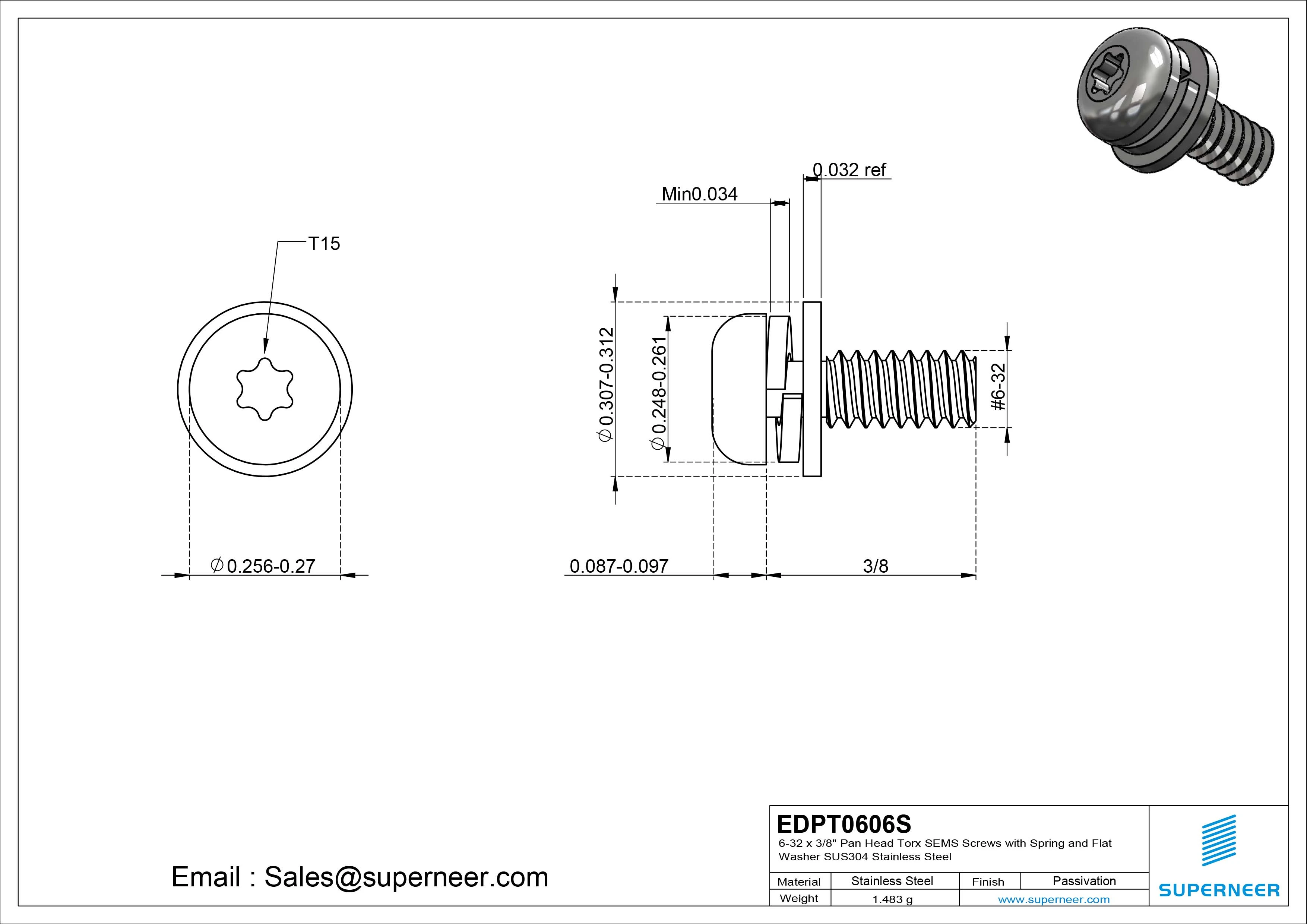 6-32 x 3/8" Pan Head Torx SEMS Screws with Spring and Flat Washer SUS304 Stainless Steel Inox