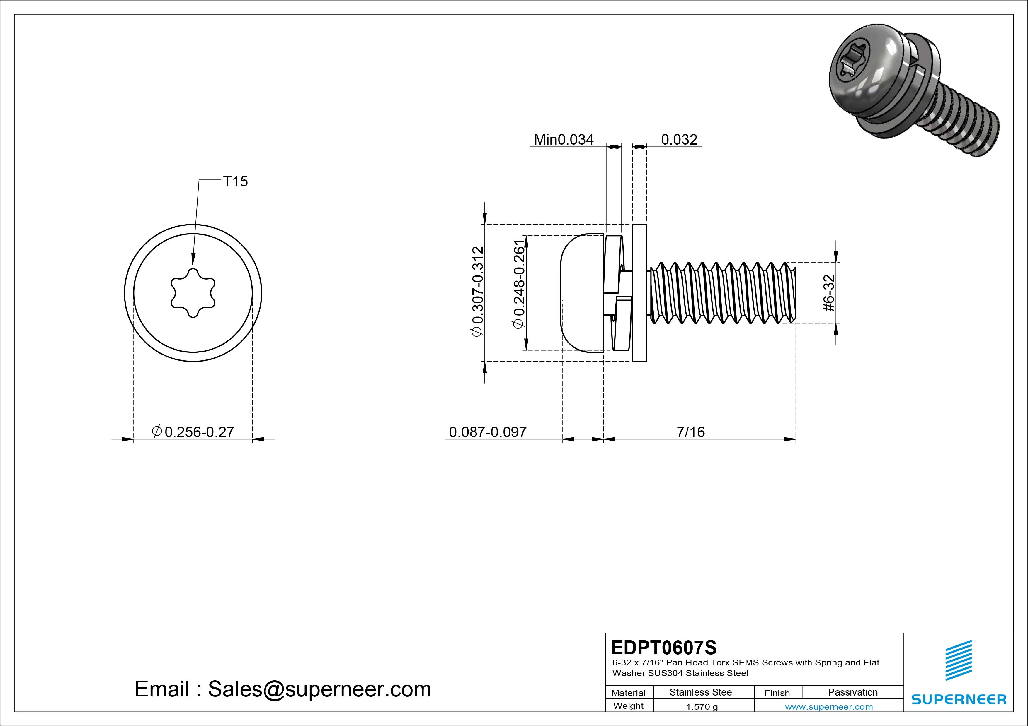 6-32 x 7/16" Pan Head Torx SEMS Screws with Spring and Flat Washer SUS304 Stainless Steel Inox