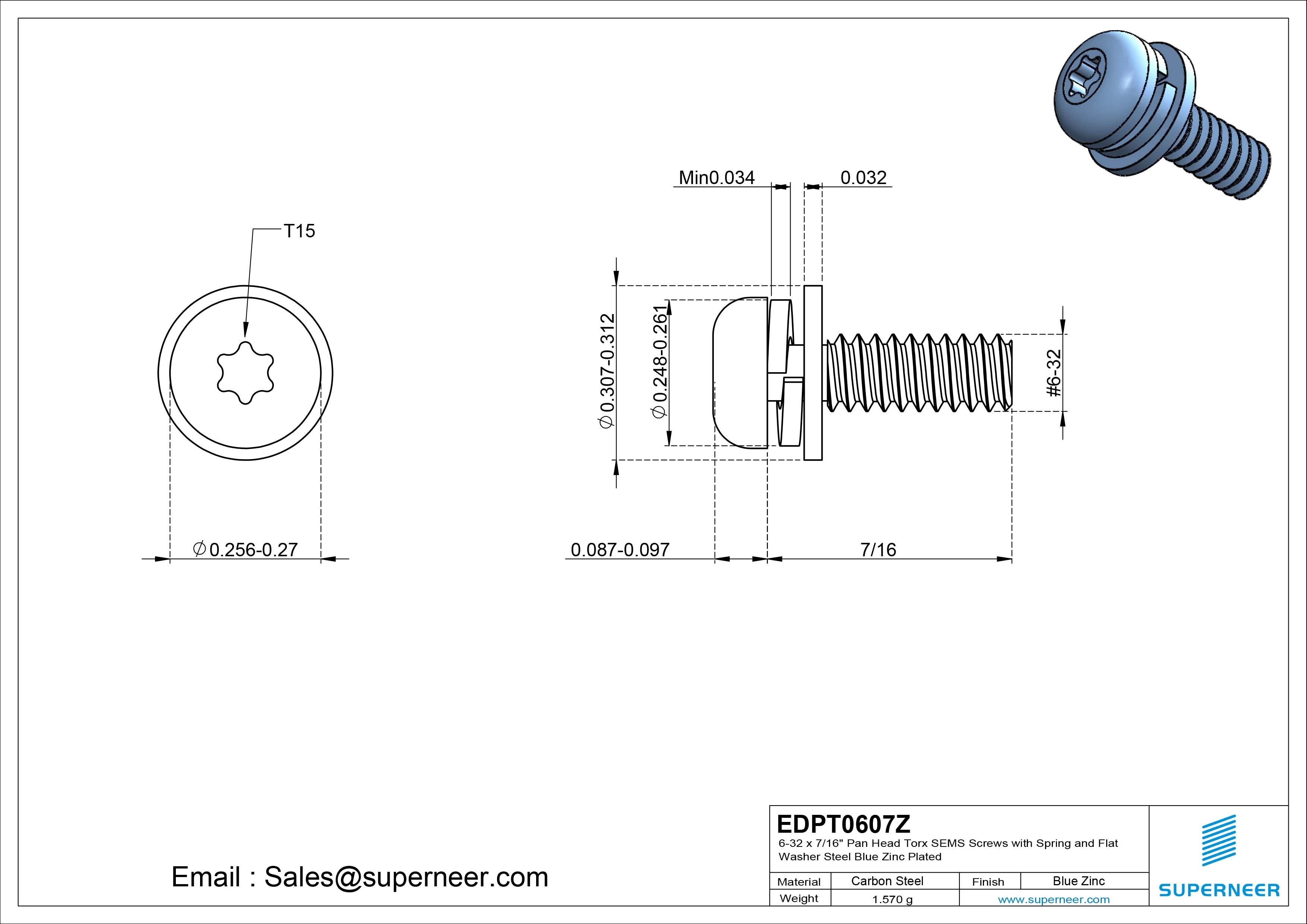 6-32 x 7/16" Pan Head Torx SEMS Screws with Spring and Flat Washer Steel Blue Zinc Plated