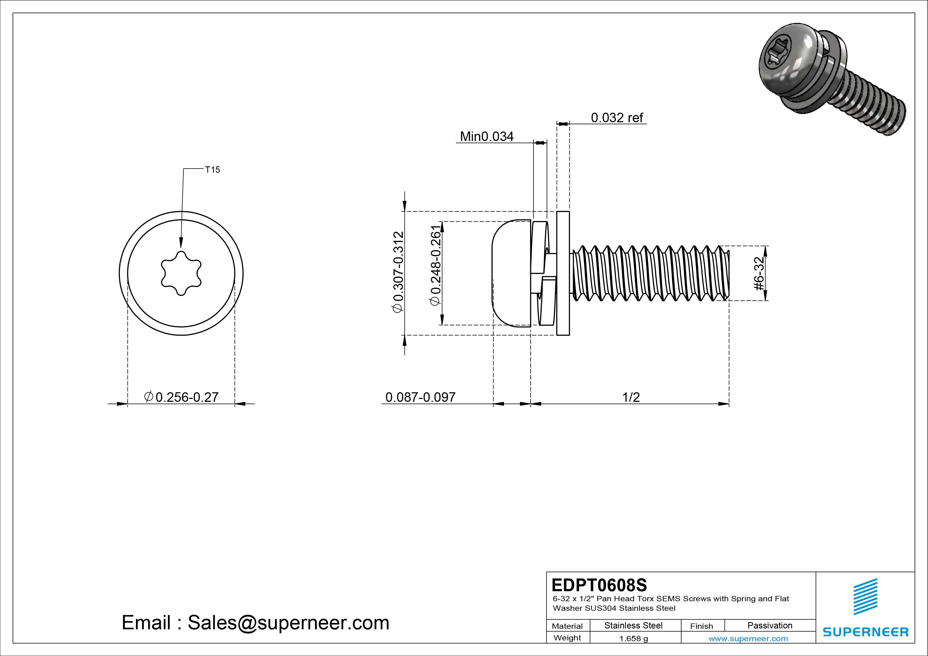 6-32 x 1/2" Pan Head Torx SEMS Screws with Spring and Flat Washer SUS304 Stainless Steel Inox