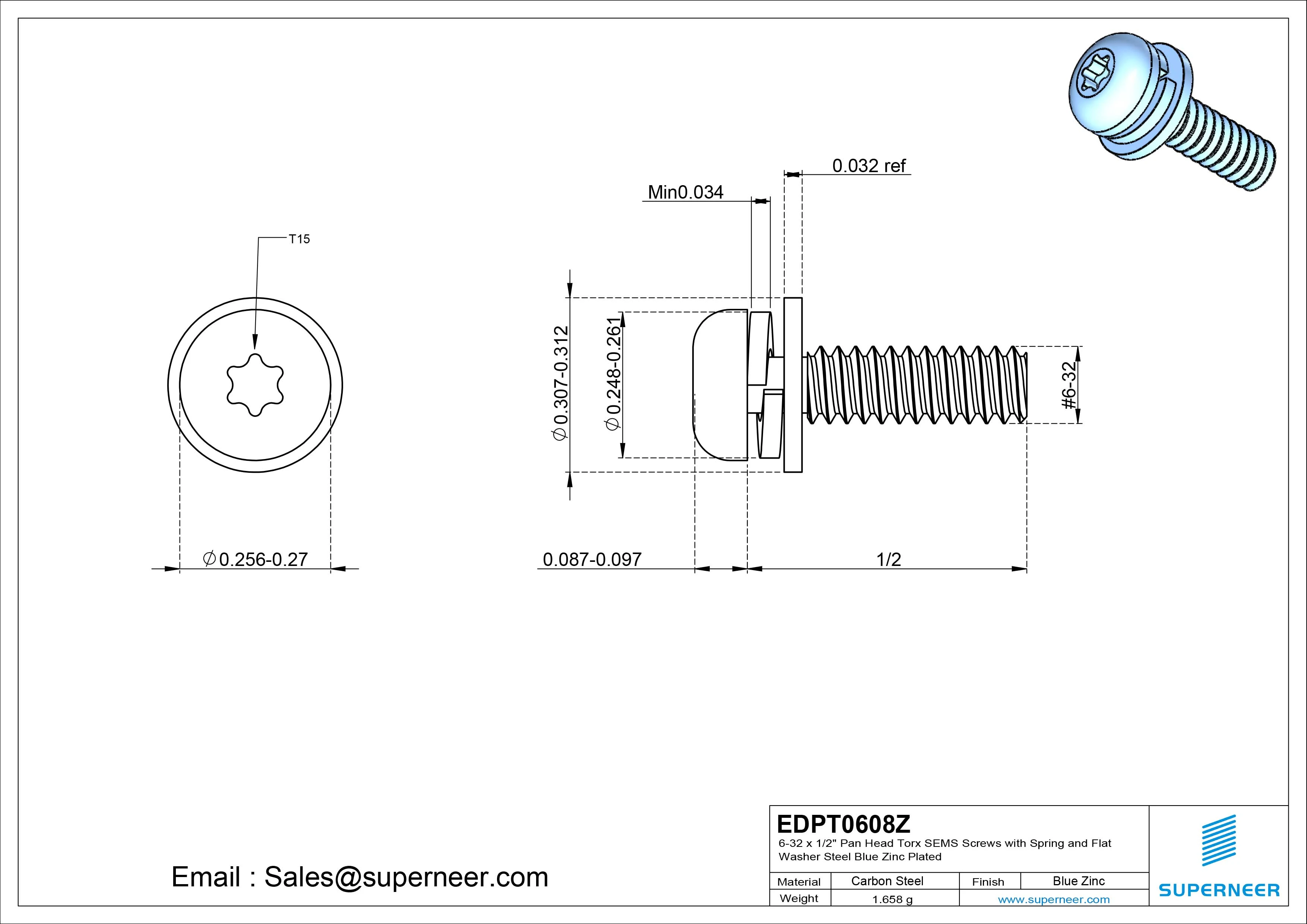 6-32 x 1/2" Pan Head Torx SEMS Screws with Spring and Flat Washer Steel Blue Zinc Plated