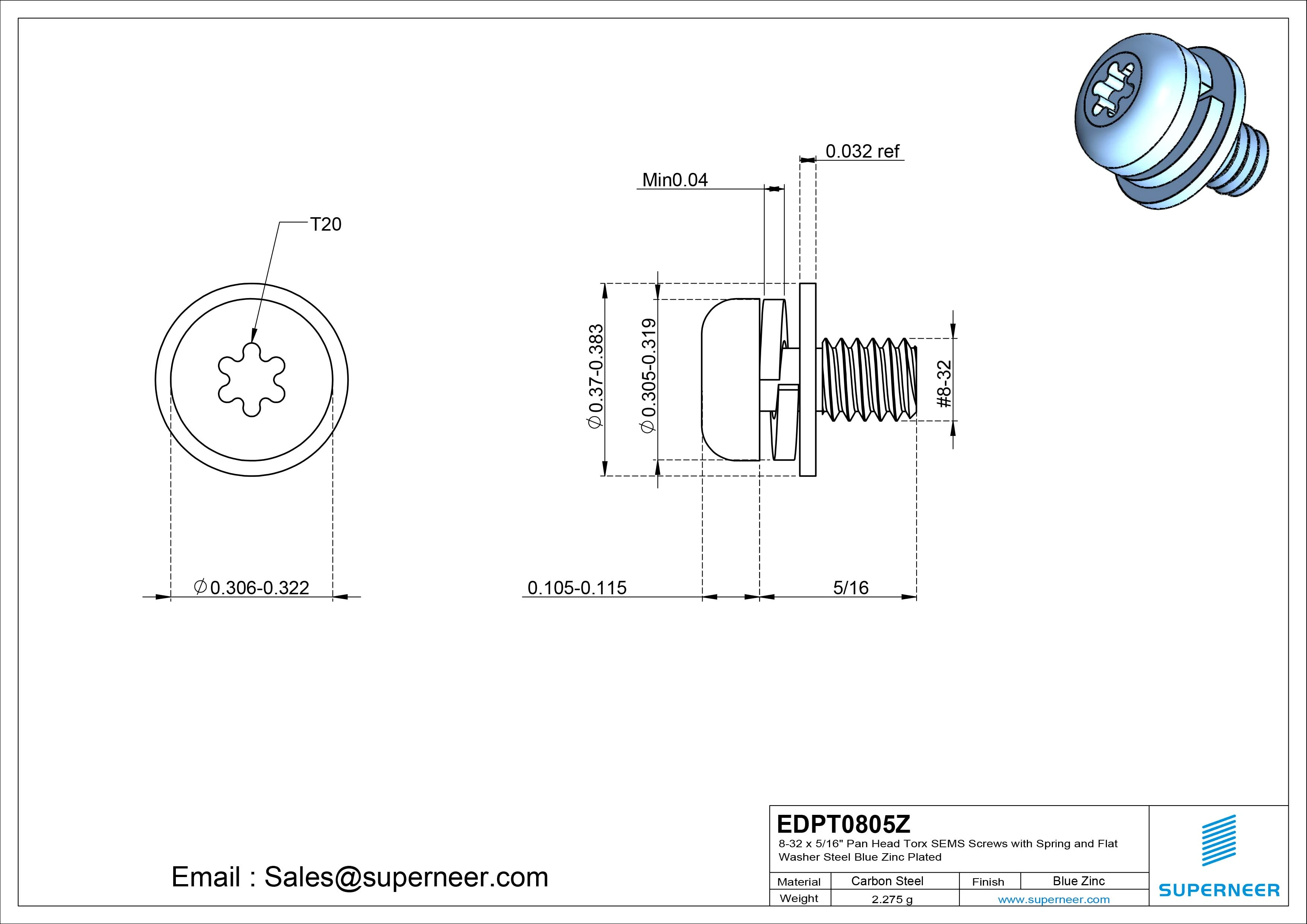 8-32 x 5/16" Pan Head Torx SEMS Screws with Spring and Flat Washer Steel Blue Zinc Plated