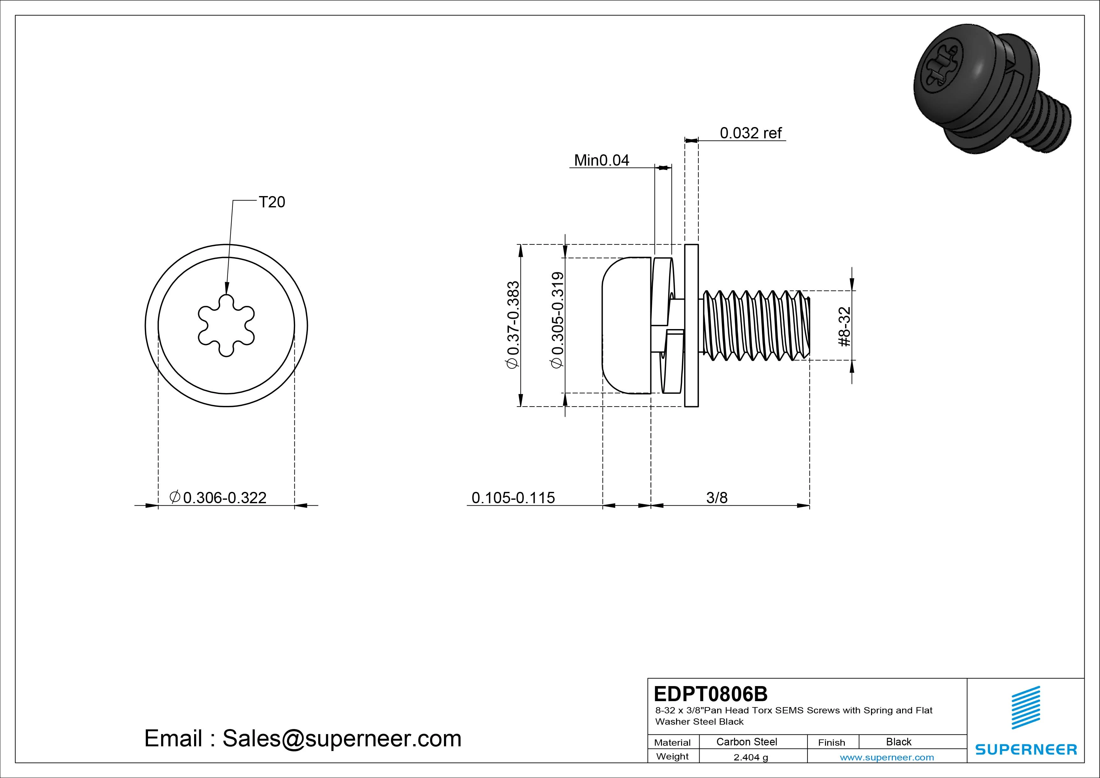 8-32 x 3/8" Pan Head Torx SEMS Screws with Spring and Flat Washer Steel Black
