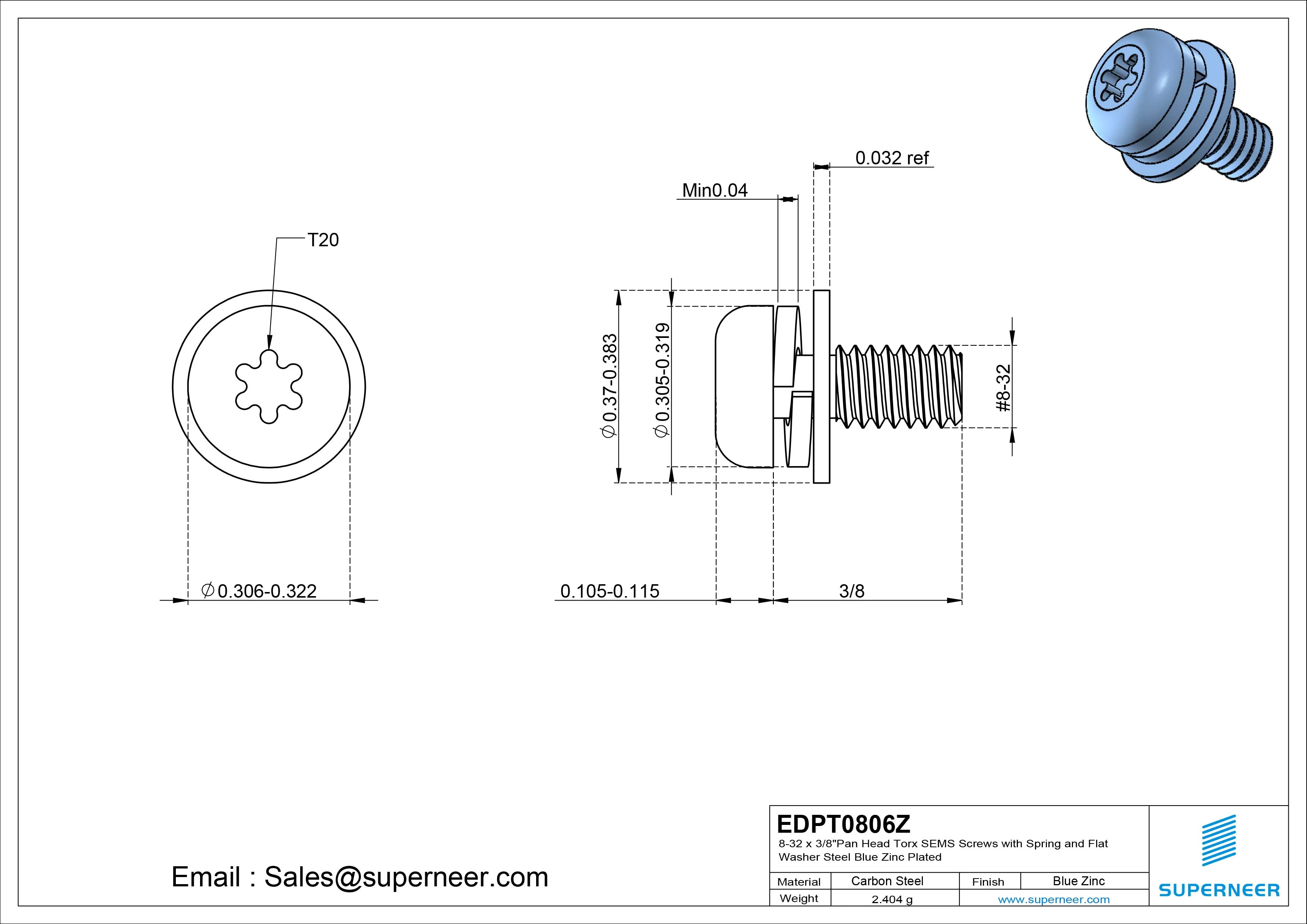 8-32 x 3/8" Pan Head Torx SEMS Screws with Spring and Flat Washer Steel Blue Zinc Plated