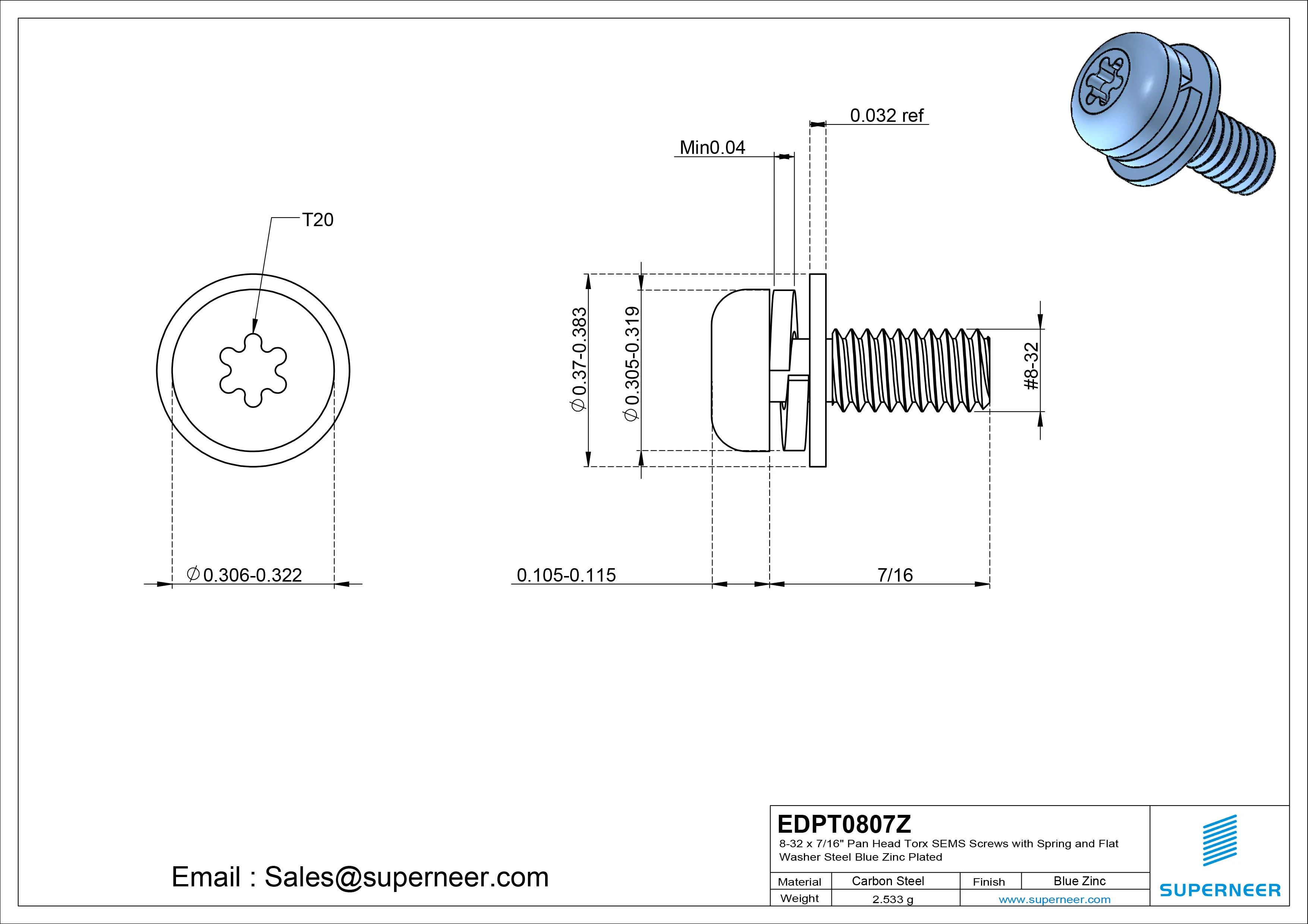 8-32 x 7/16" Pan Head Torx SEMS Screws with Spring and Flat Washer Steel Blue Zinc Plated