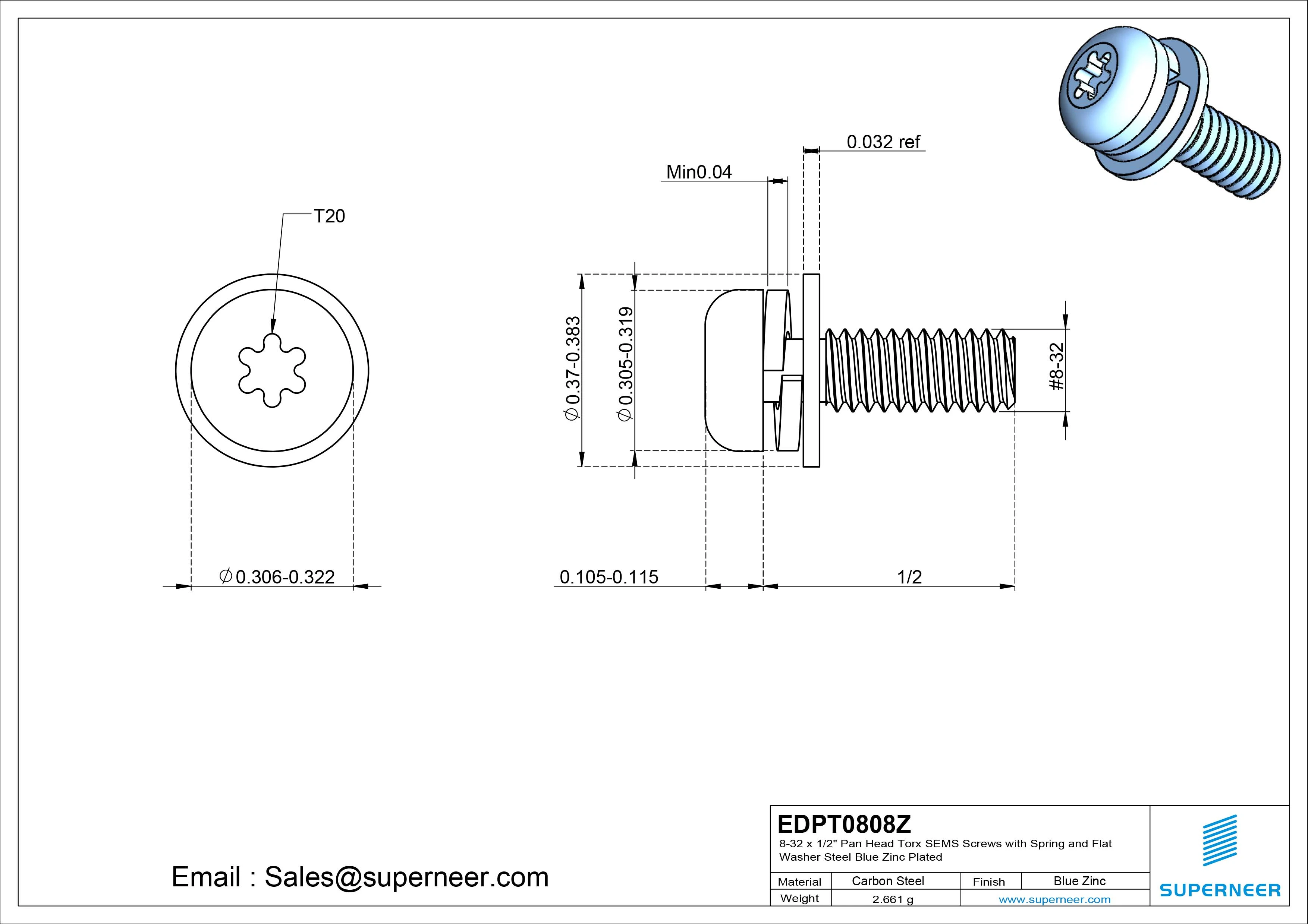 8-32 x 1/2" Pan Head Torx SEMS Screws with Spring and Flat Washer Steel Blue Zinc Plated