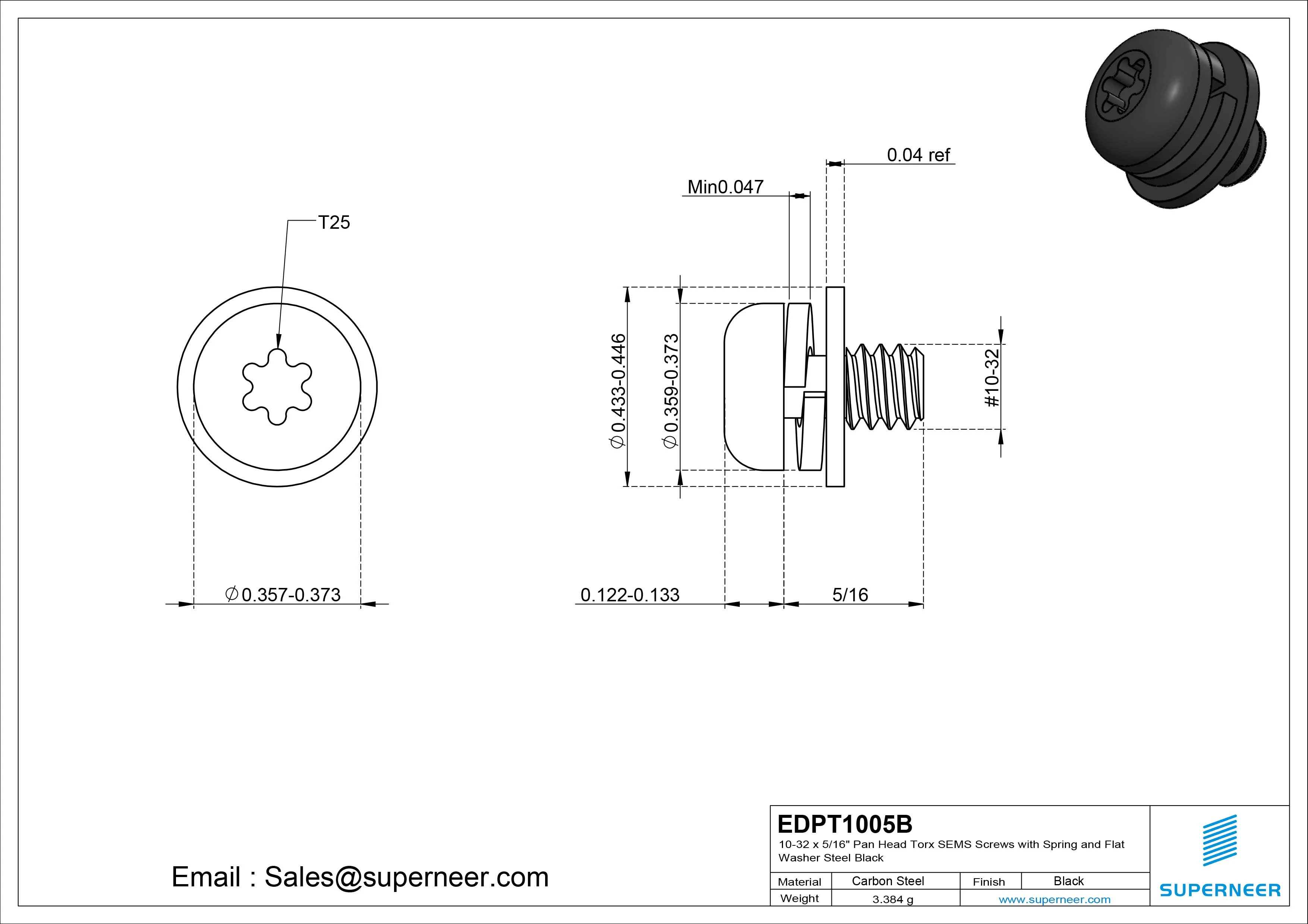 10-32 x 5/16" Pan Head Torx SEMS Screws with Spring and Flat Washer Steel Black