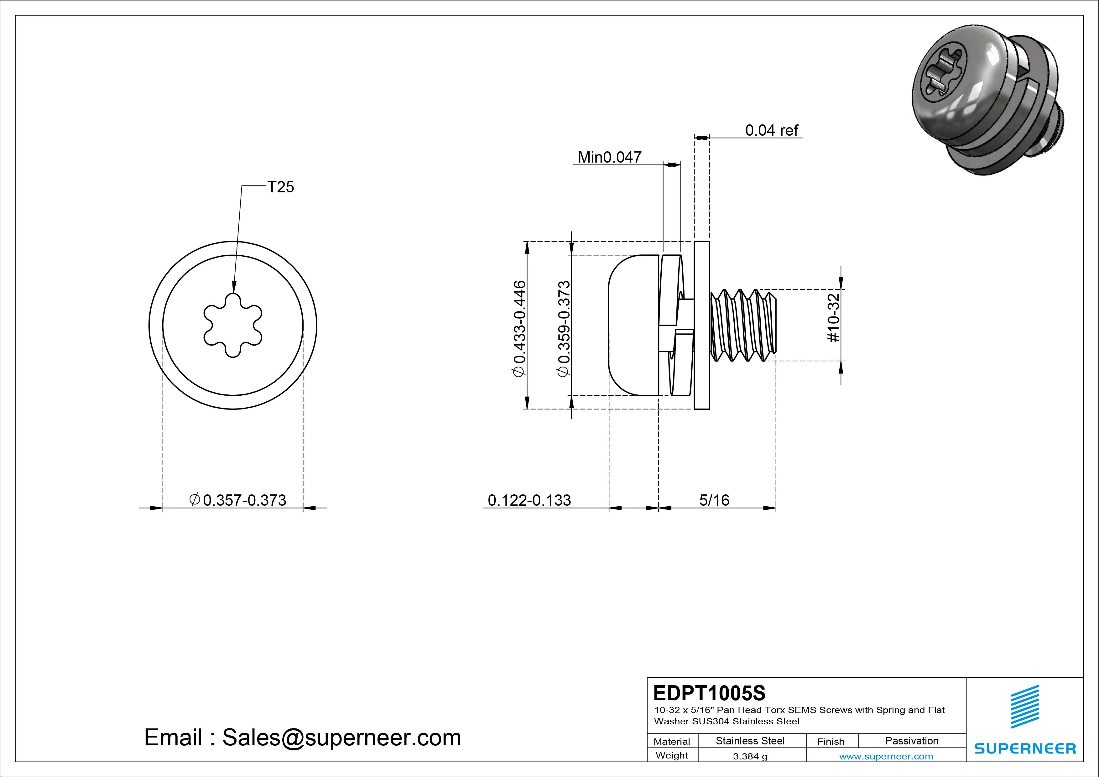 10-32 x 5/16" Pan Head Torx SEMS Screws with Spring and Flat Washer SUS304 Stainless Steel Inox
