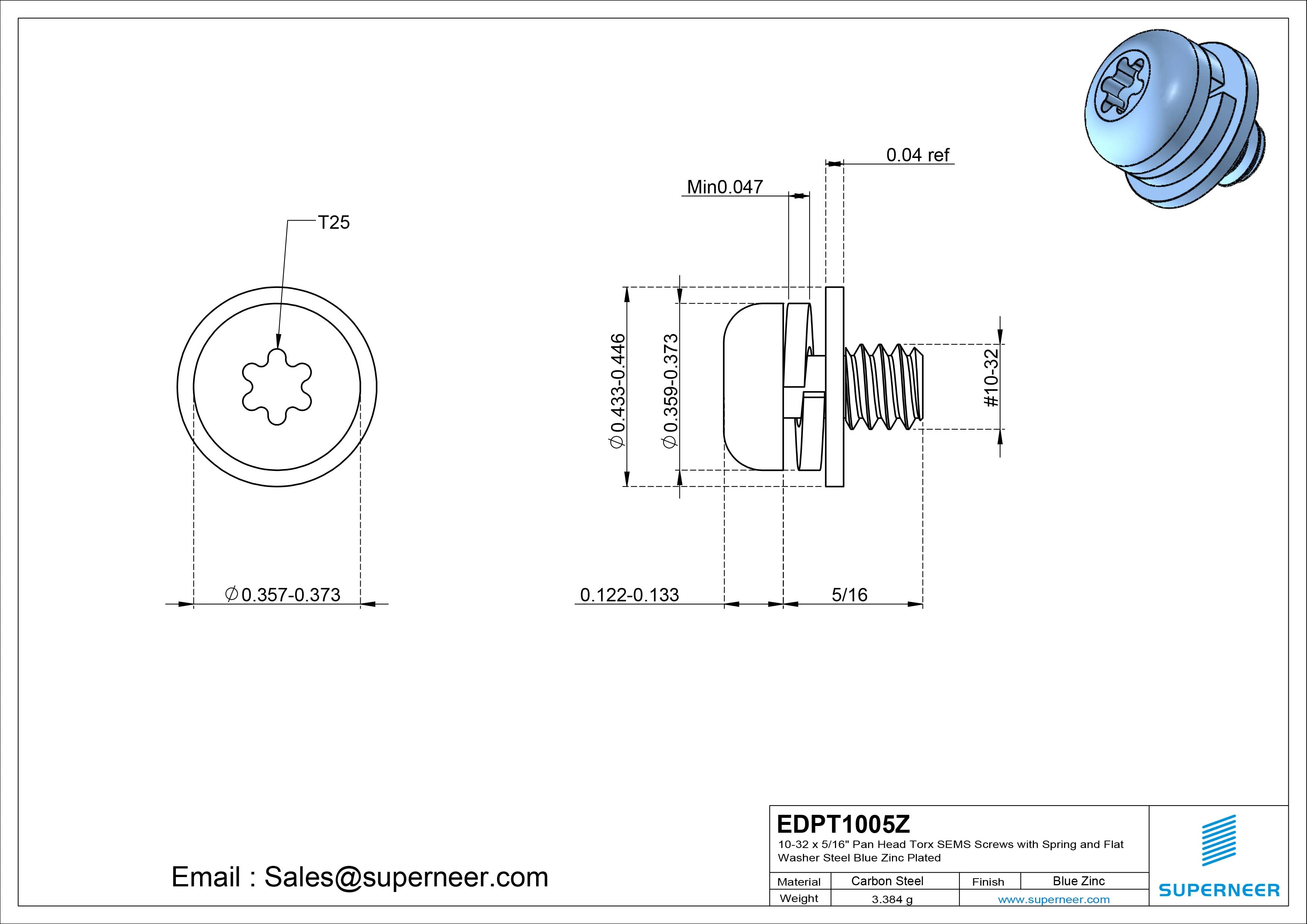 10-32 x 5/16" Pan Head Torx SEMS Screws with Spring and Flat Washer Steel Blue Zinc Plated
