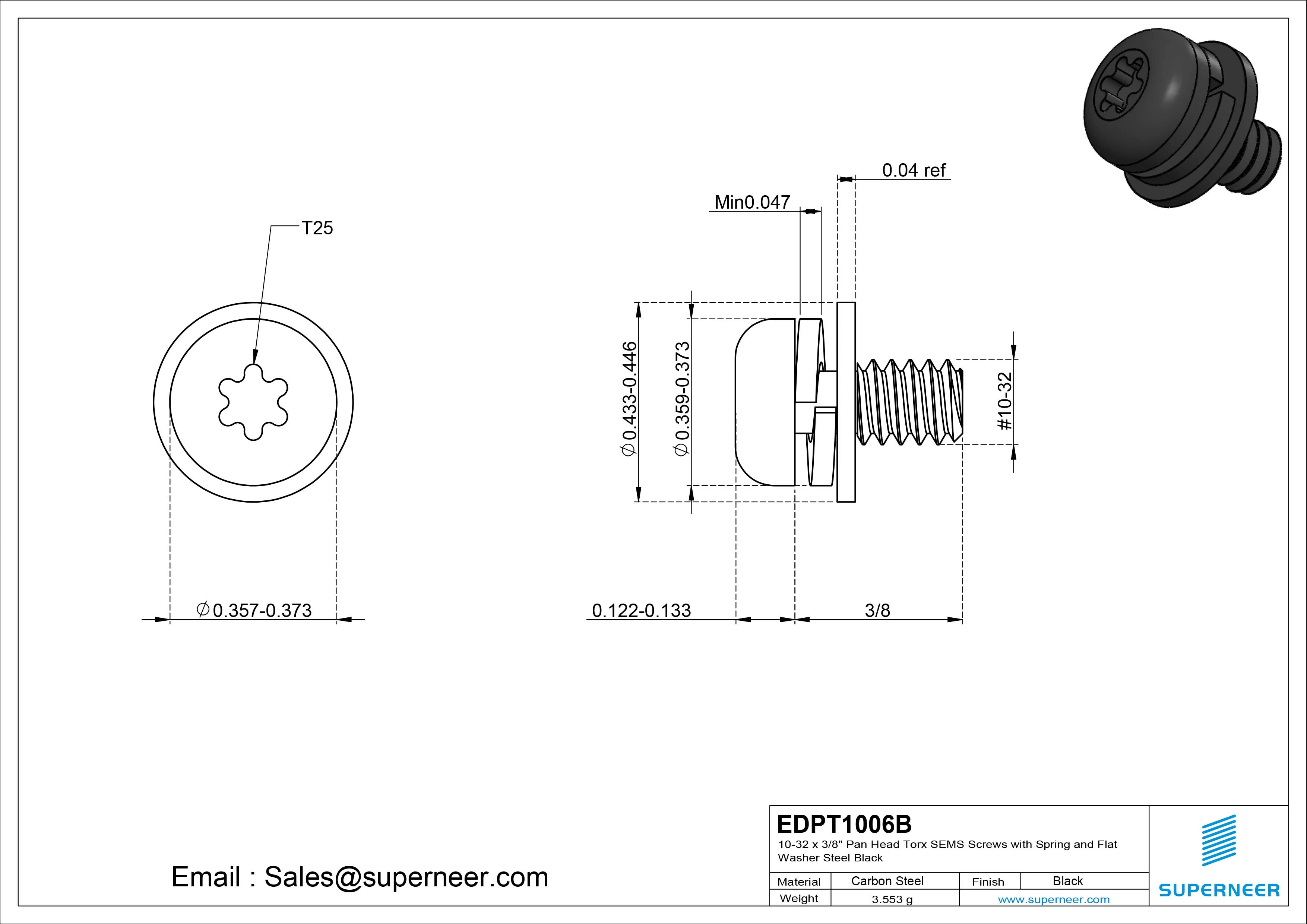 10-32 x 3/8" Pan Head Torx SEMS Screws with Spring and Flat Washer Steel Black