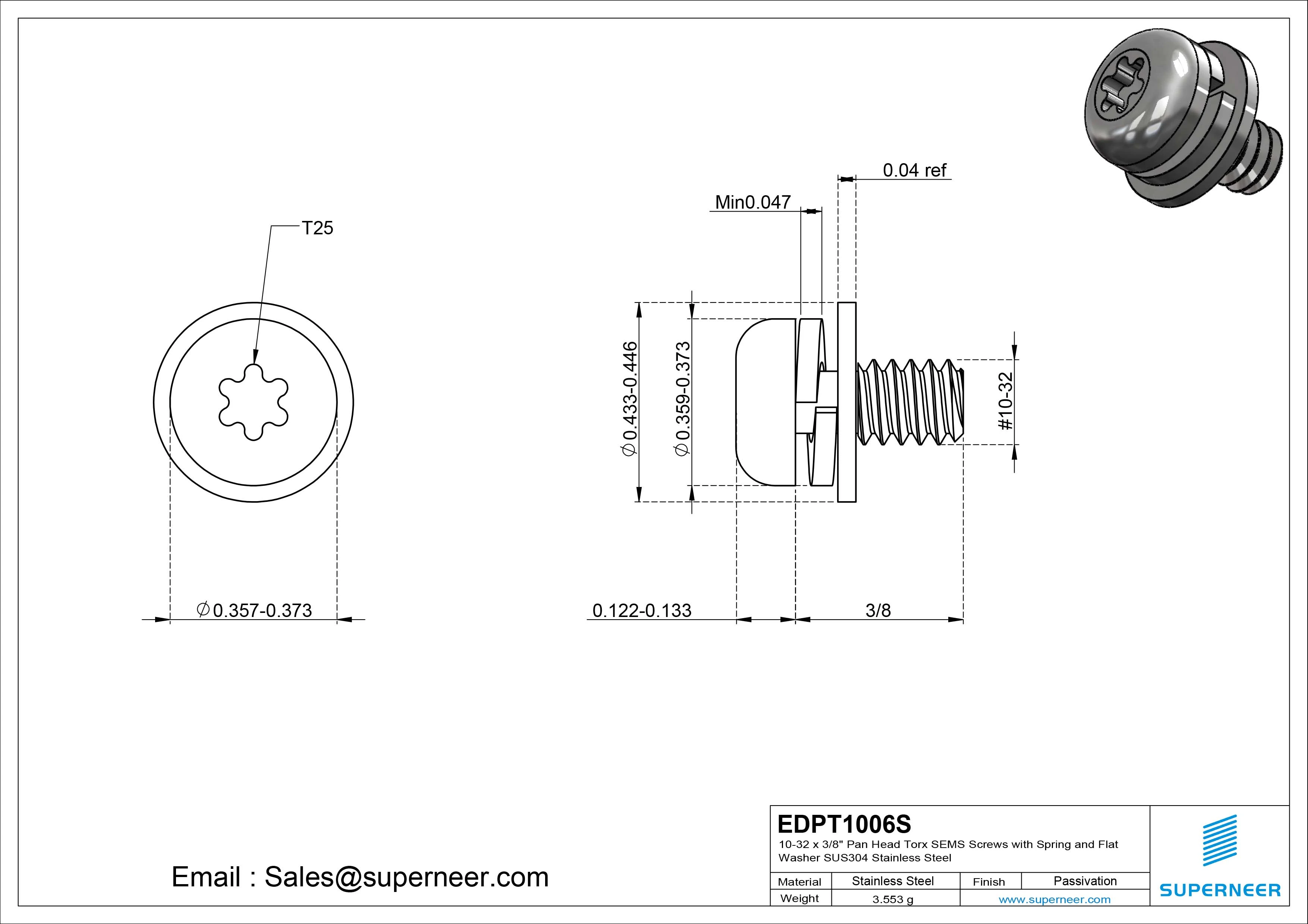 10-32 x 3/8" Pan Head Torx SEMS Screws with Spring and Flat Washer SUS304 Stainless Steel Inox