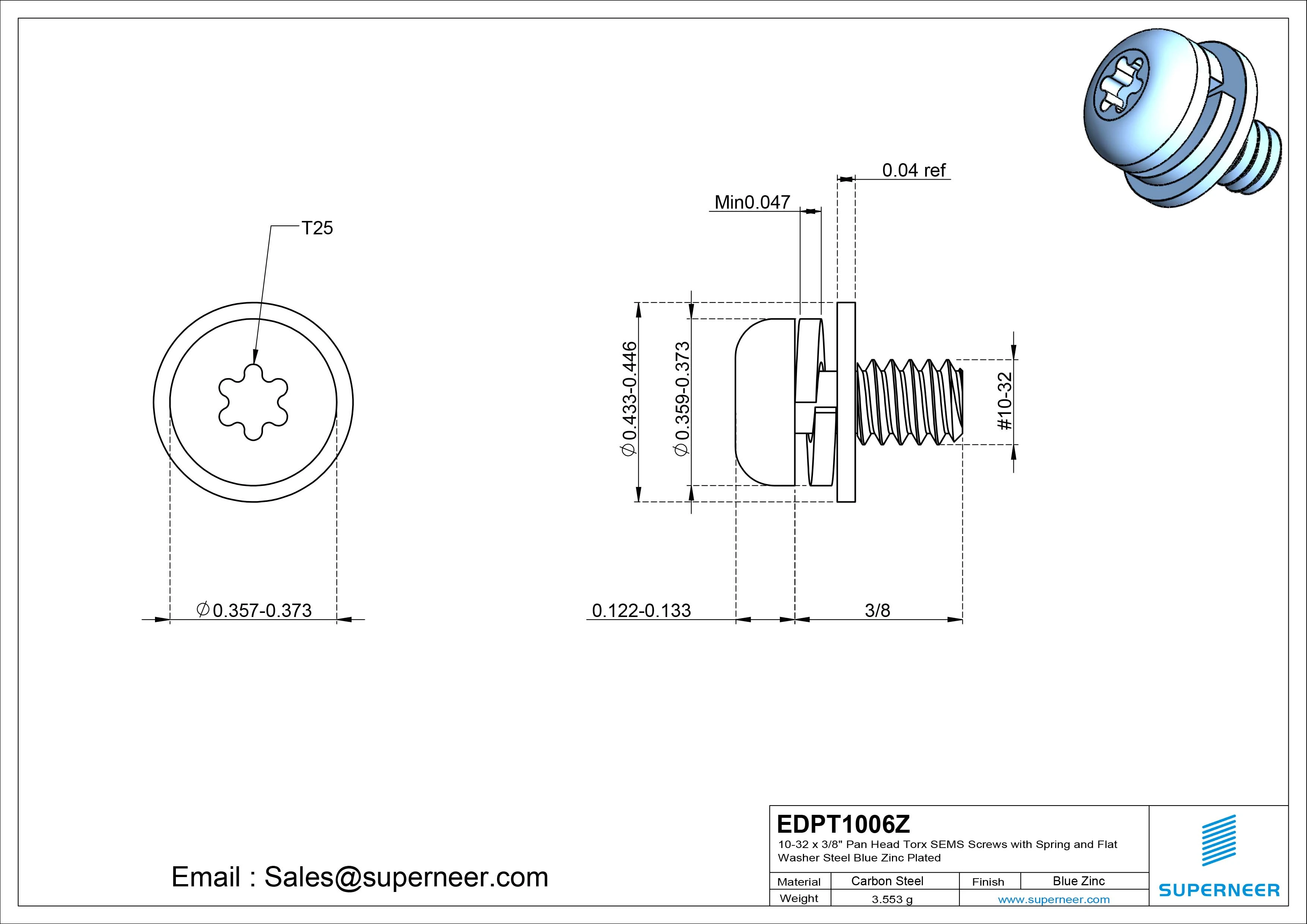 10-32 x 3/8" Pan Head Torx SEMS Screws with Spring and Flat Washer Steel Blue Zinc Plated