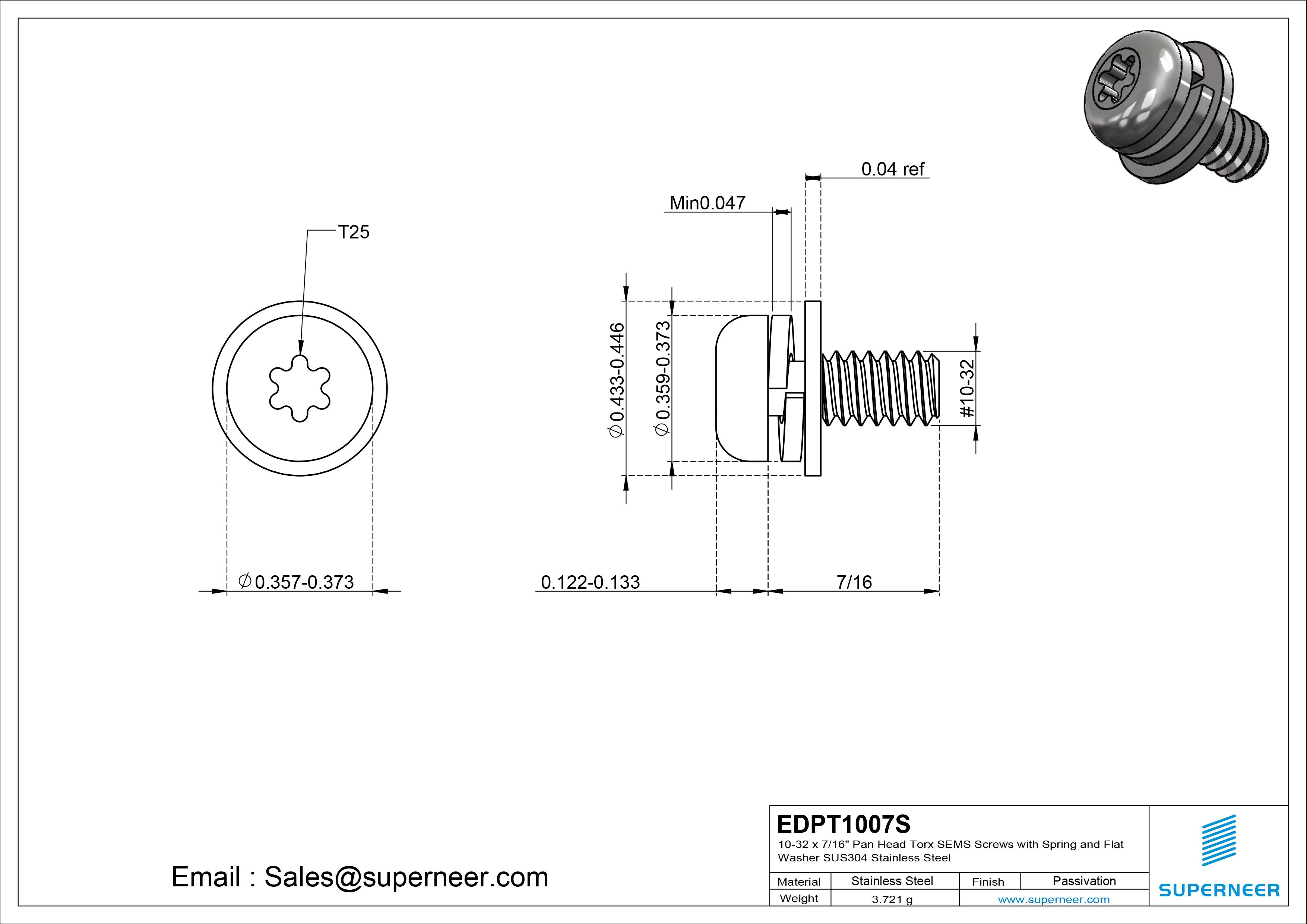 10-32 x 7/16" Pan Head Torx SEMS Screws with Spring and Flat Washer SUS304 Stainless Steel Inox