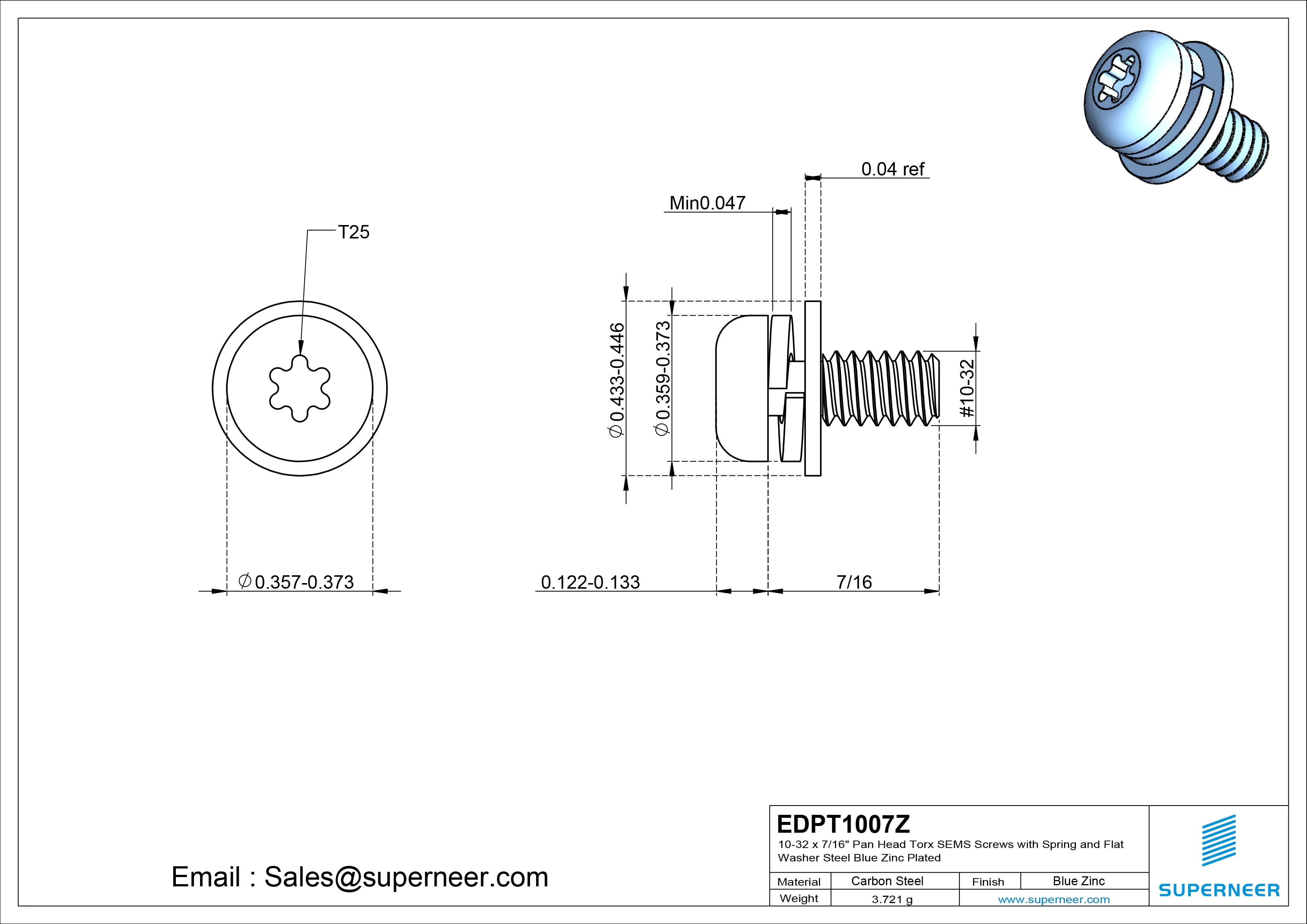 10-32 x 7/16" Pan Head Torx SEMS Screws with Spring and Flat Washer Steel Blue Zinc Plated