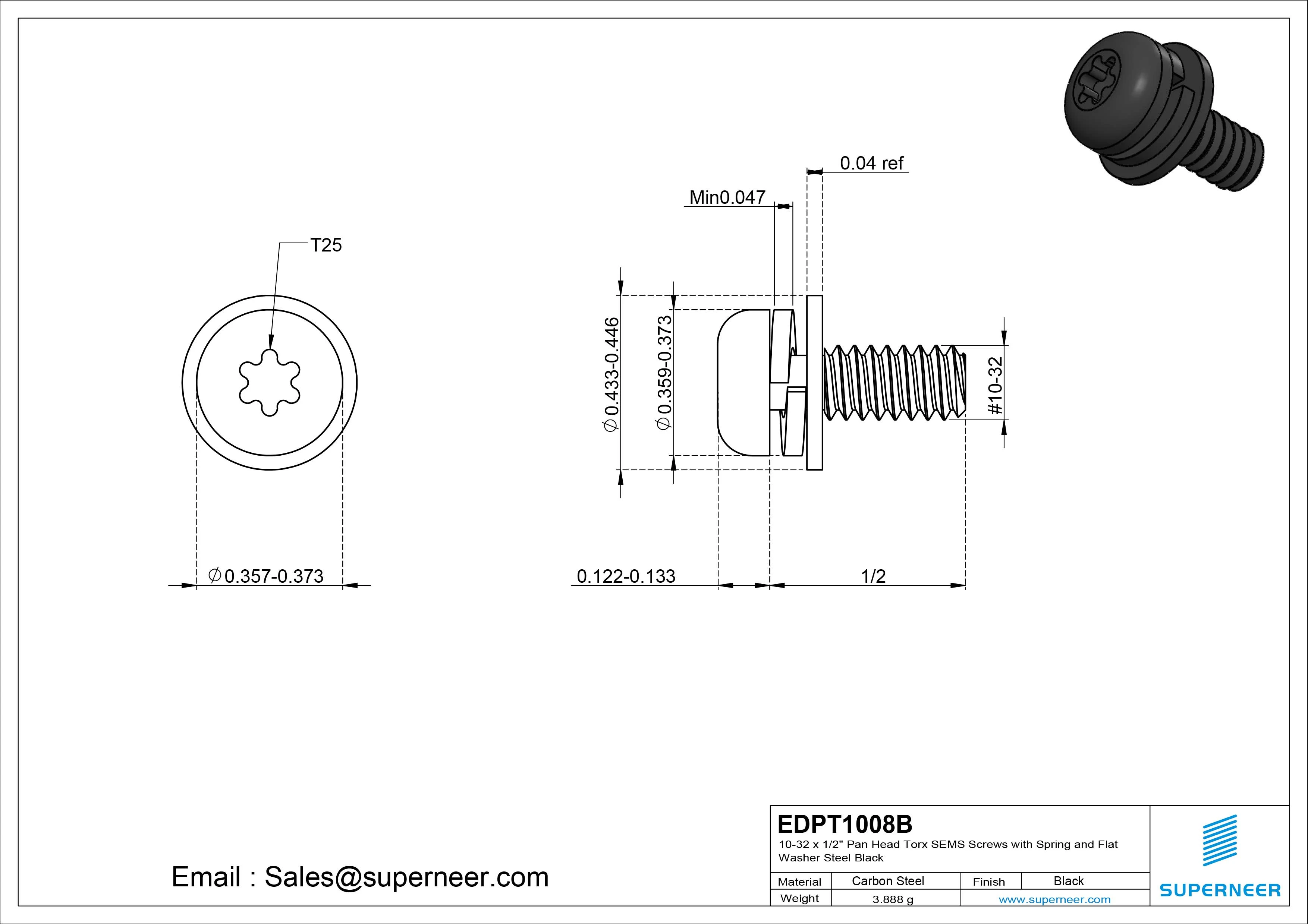 10-32 x 1/2" Pan Head Torx SEMS Screws with Spring and Flat Washer Steel Black