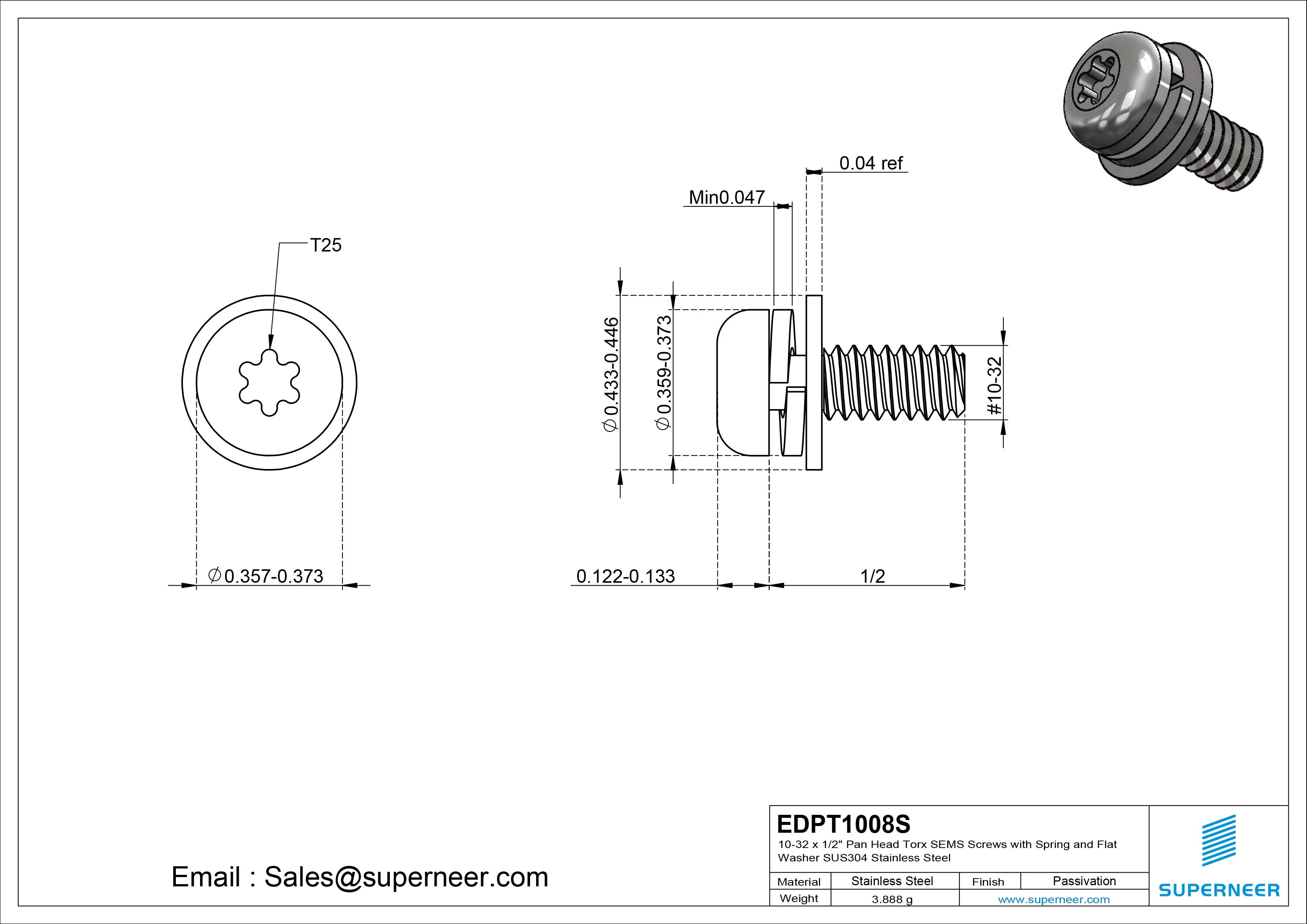 10-32 x 1/2" Pan Head Torx SEMS Screws with Spring and Flat Washer SUS304 Stainless Steel Inox