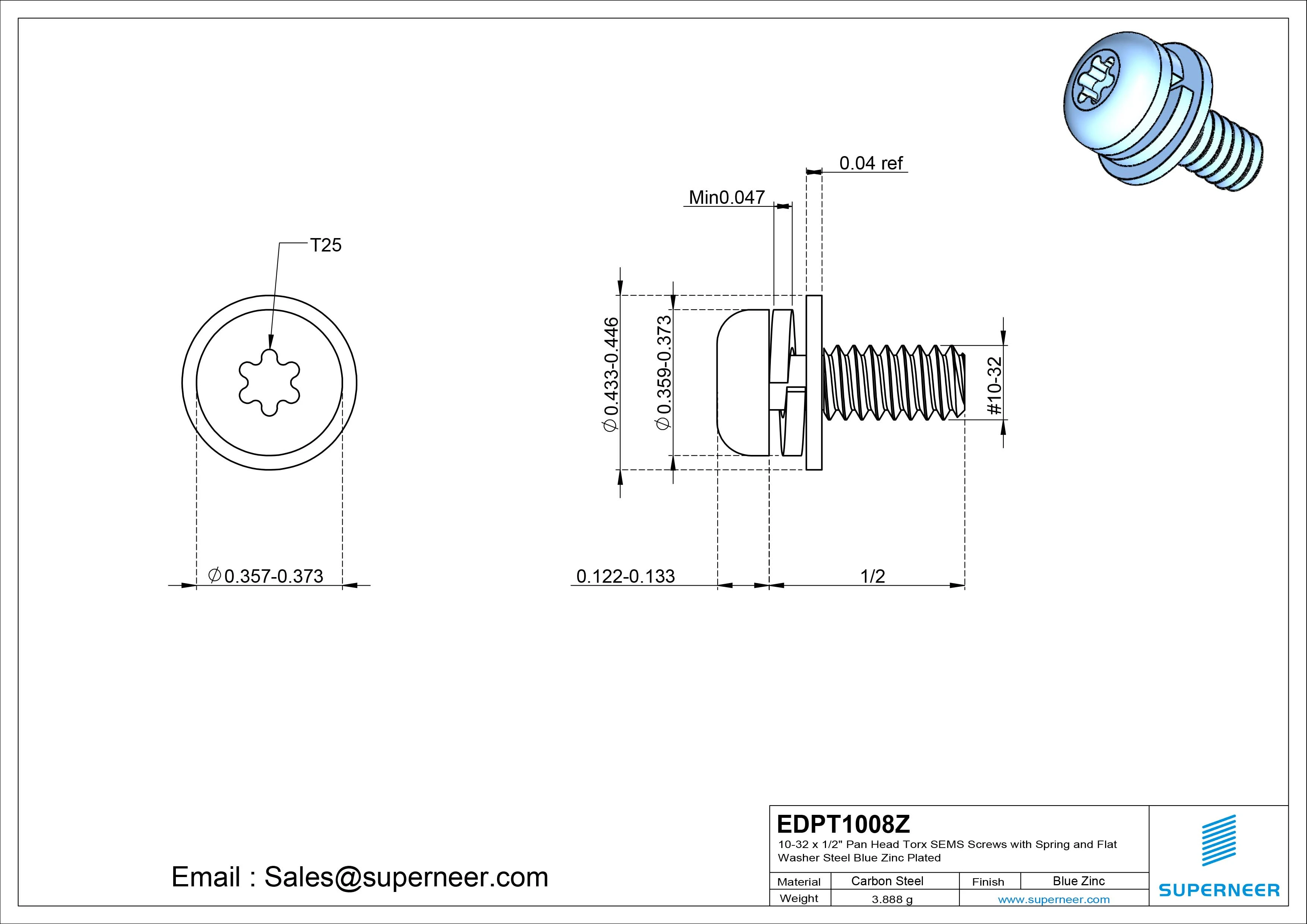 10-32 x 1/2" Pan Head Torx SEMS Screws with Spring and Flat Washer Steel Blue Zinc Plated