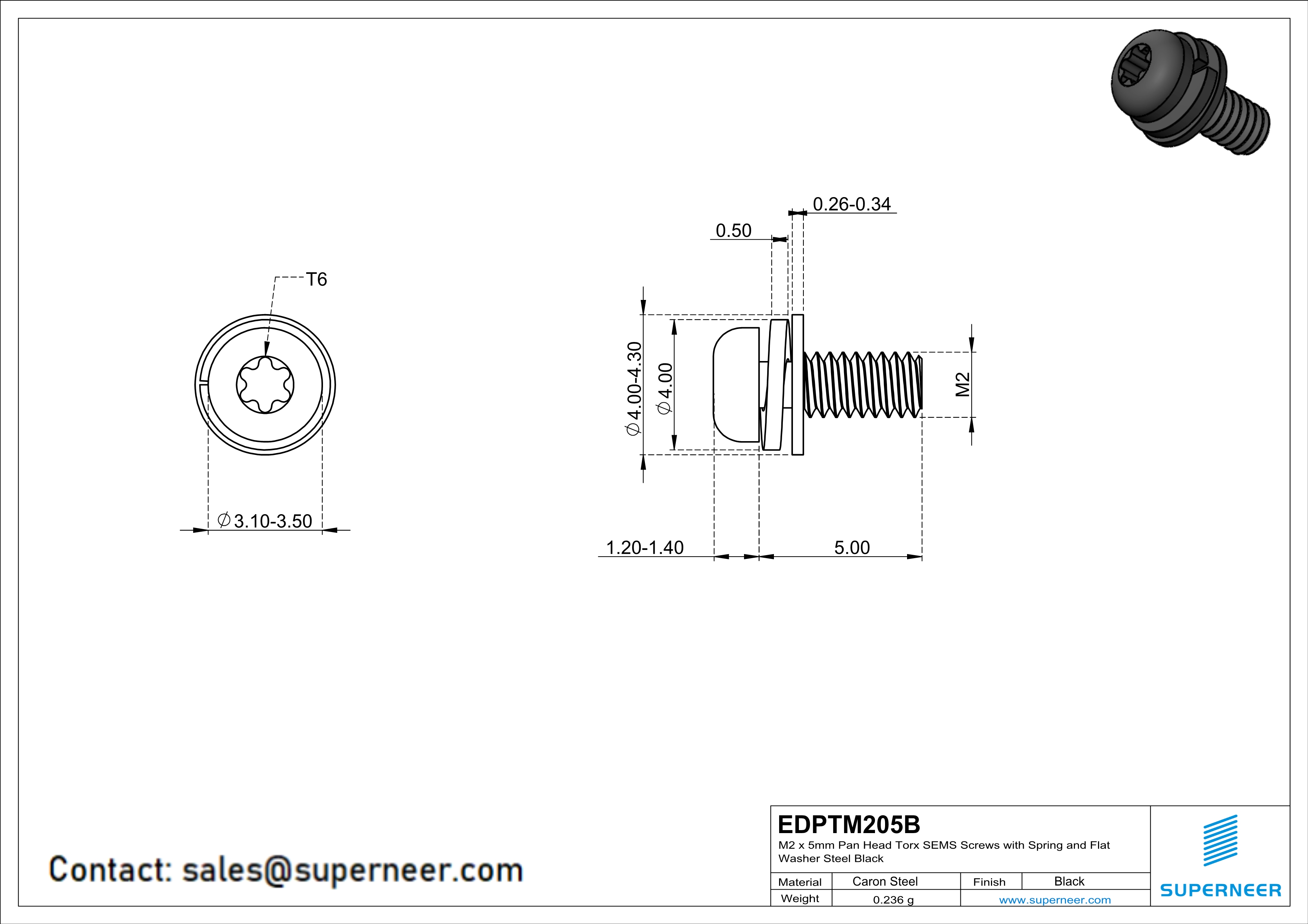 M2 x 5mm Pan Head Torx SEMS Screws with Spring and Flat Washer Steel Black