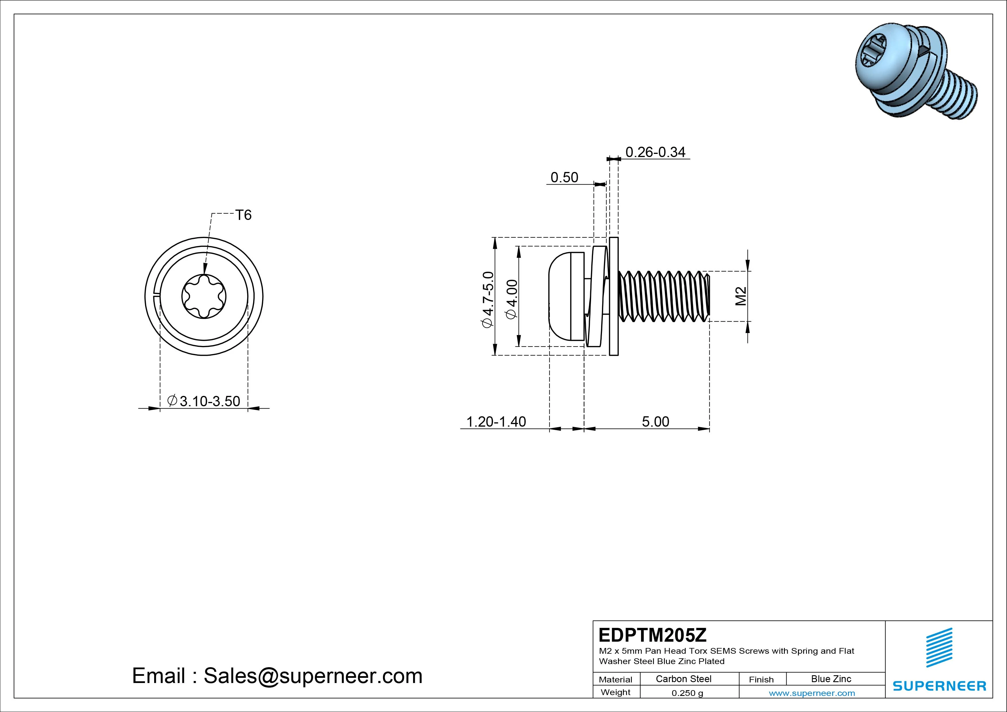 M2 x 5mm Pan Head Torx SEMS Screws with Spring and Flat Washer Steel Blue Zinc Plated