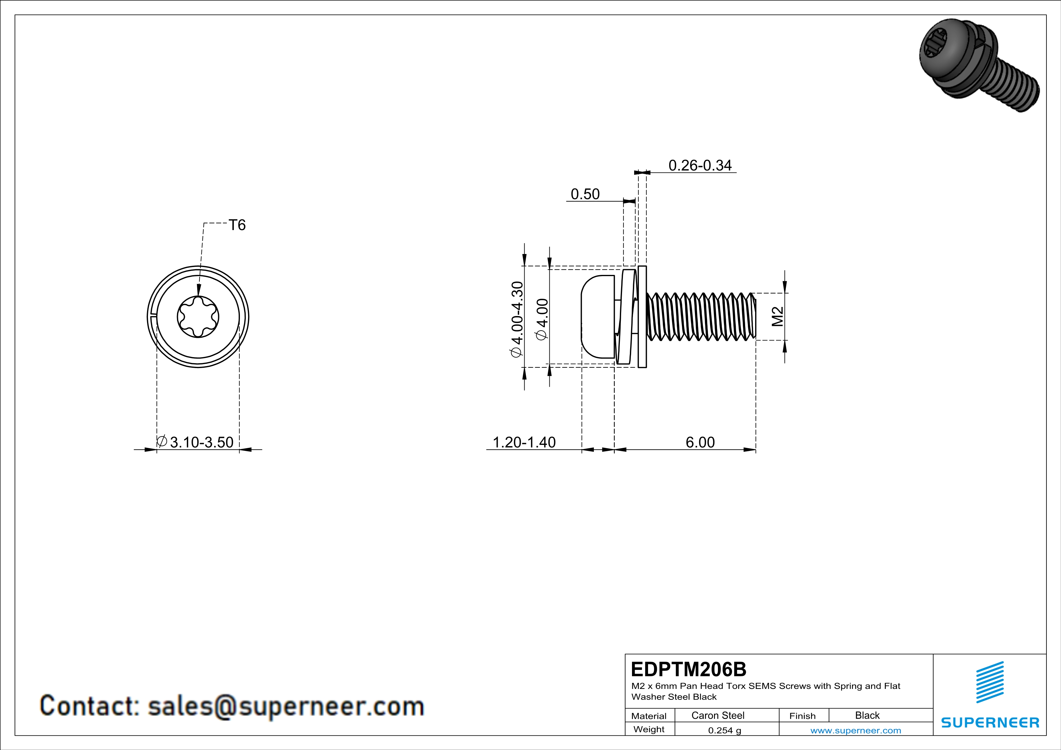 M2 x 6mm Pan Head Torx SEMS Screws with Spring and Flat Washer Steel Black