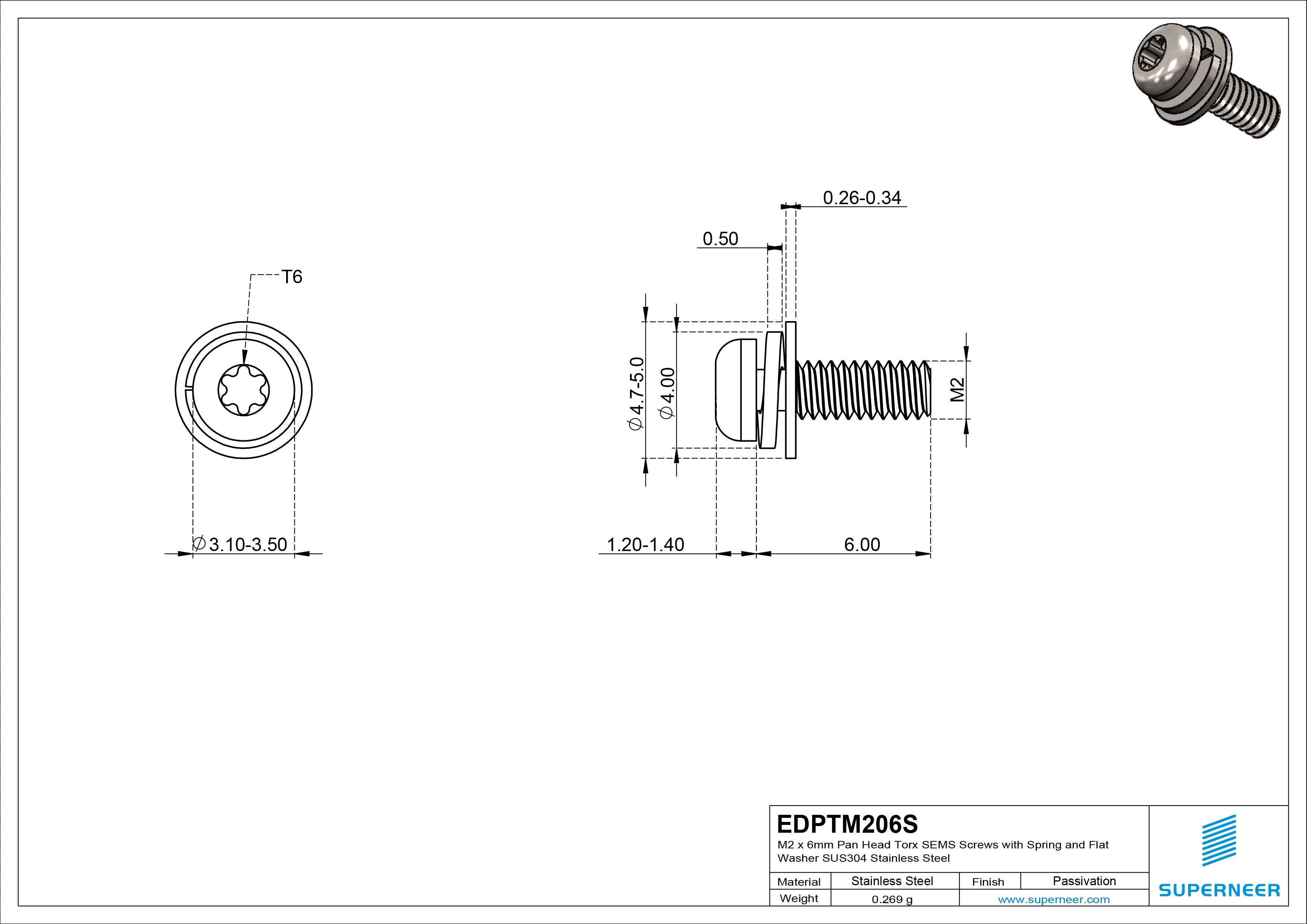 M2 x 6mm Pan Head Torx SEMS Screws with Spring and Flat Washer SUS304 Stainless Steel Inox