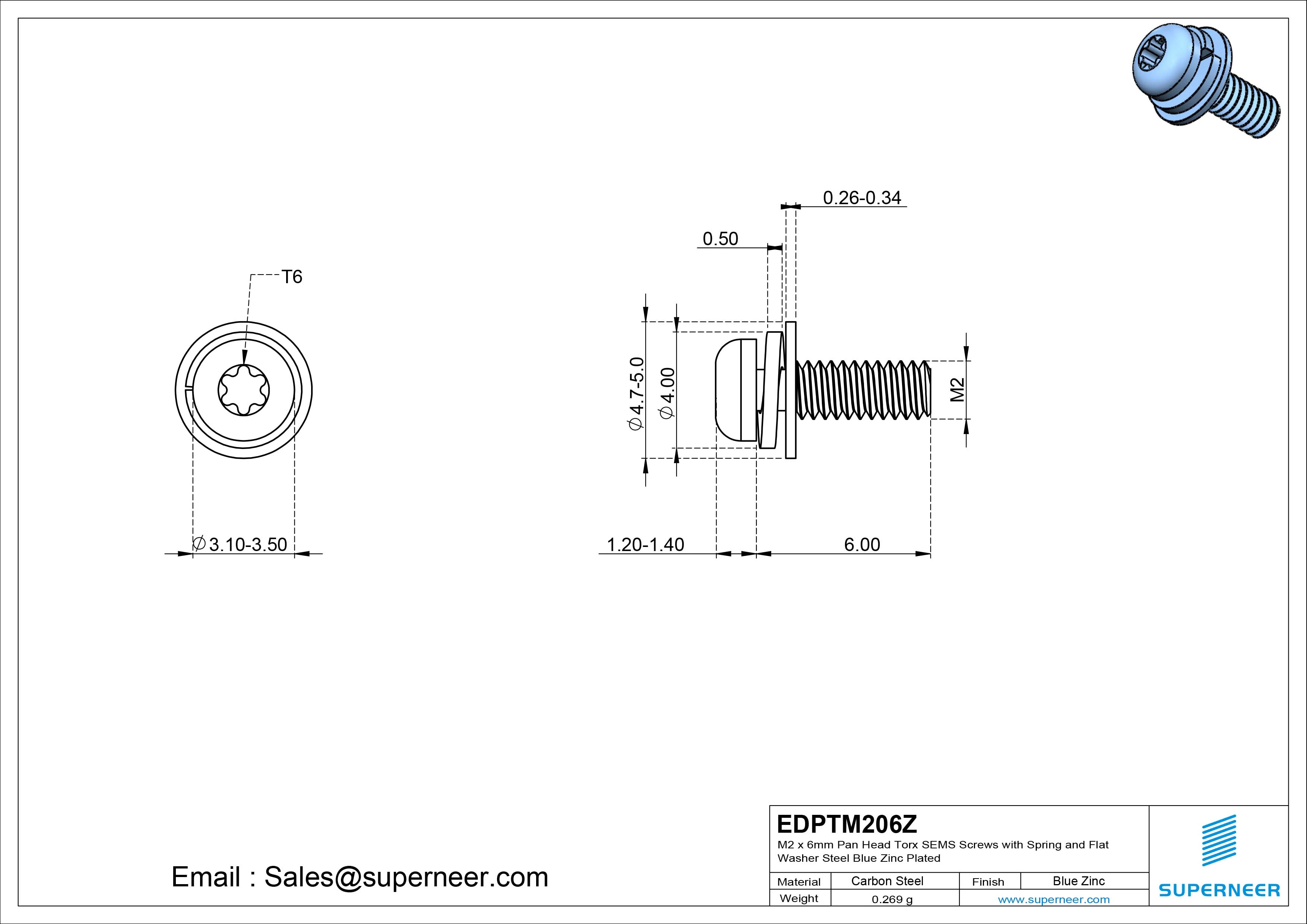 M2 x 6mm Pan Head Torx SEMS Screws with Spring and Flat Washer Steel Blue Zinc Plated