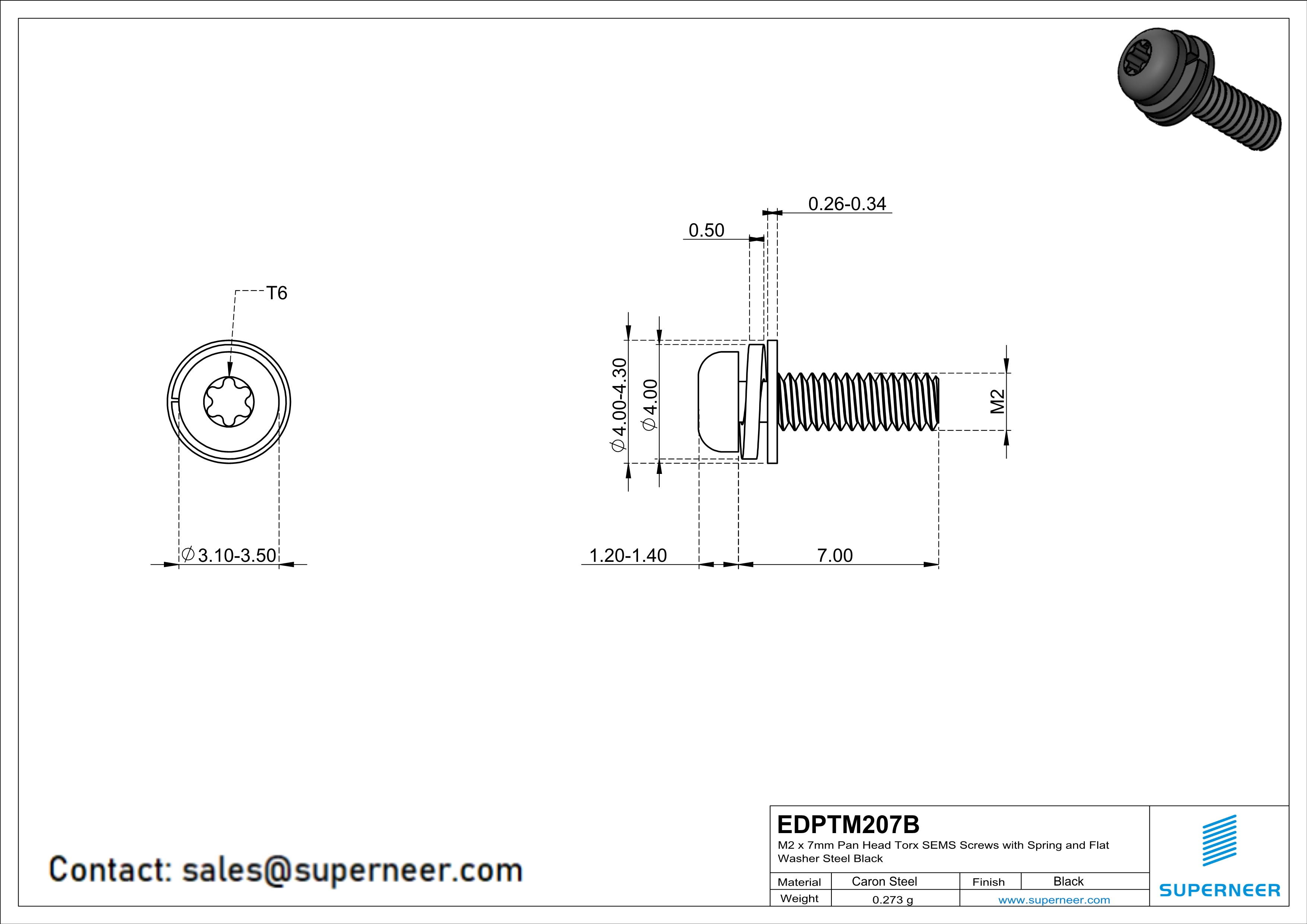 M2 x 7mm Pan Head Torx SEMS Screws with Spring and Flat Washer Steel Black