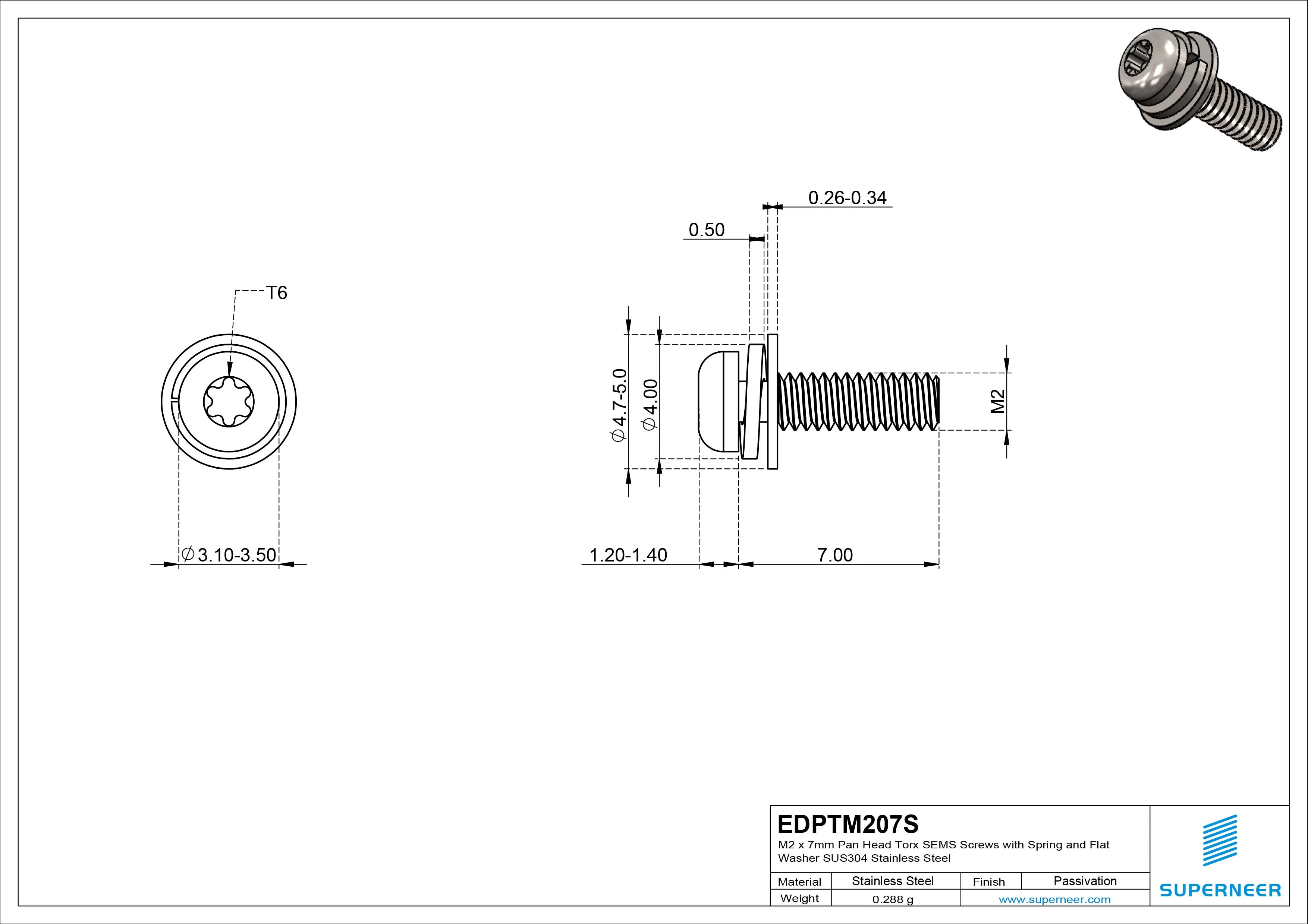 M2 x 7mm Pan Head Torx SEMS Screws with Spring and Flat Washer SUS304 Stainless Steel Inox