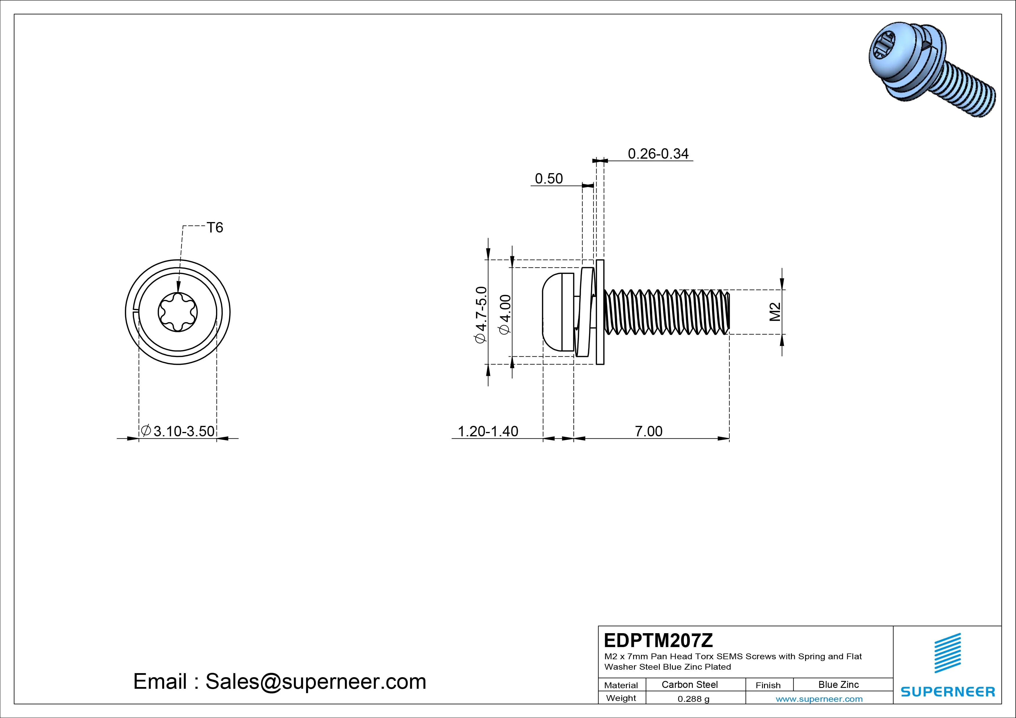 M2 x 7mm Pan Head Torx SEMS Screws with Spring and Flat Washer Steel Blue Zinc Plated