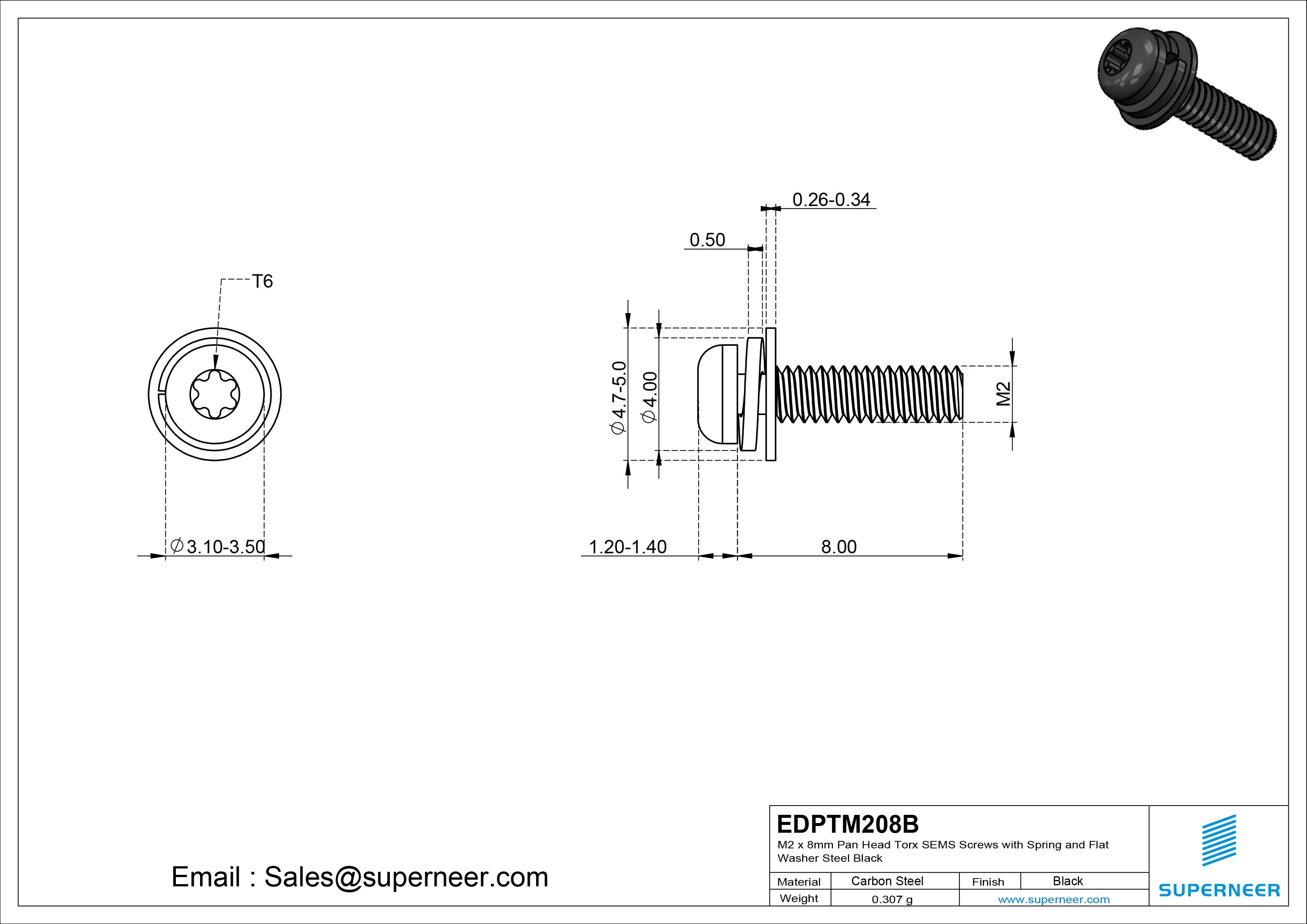M2 x 8mm Pan Head Torx SEMS Screws with Spring and Flat Washer Steel Black