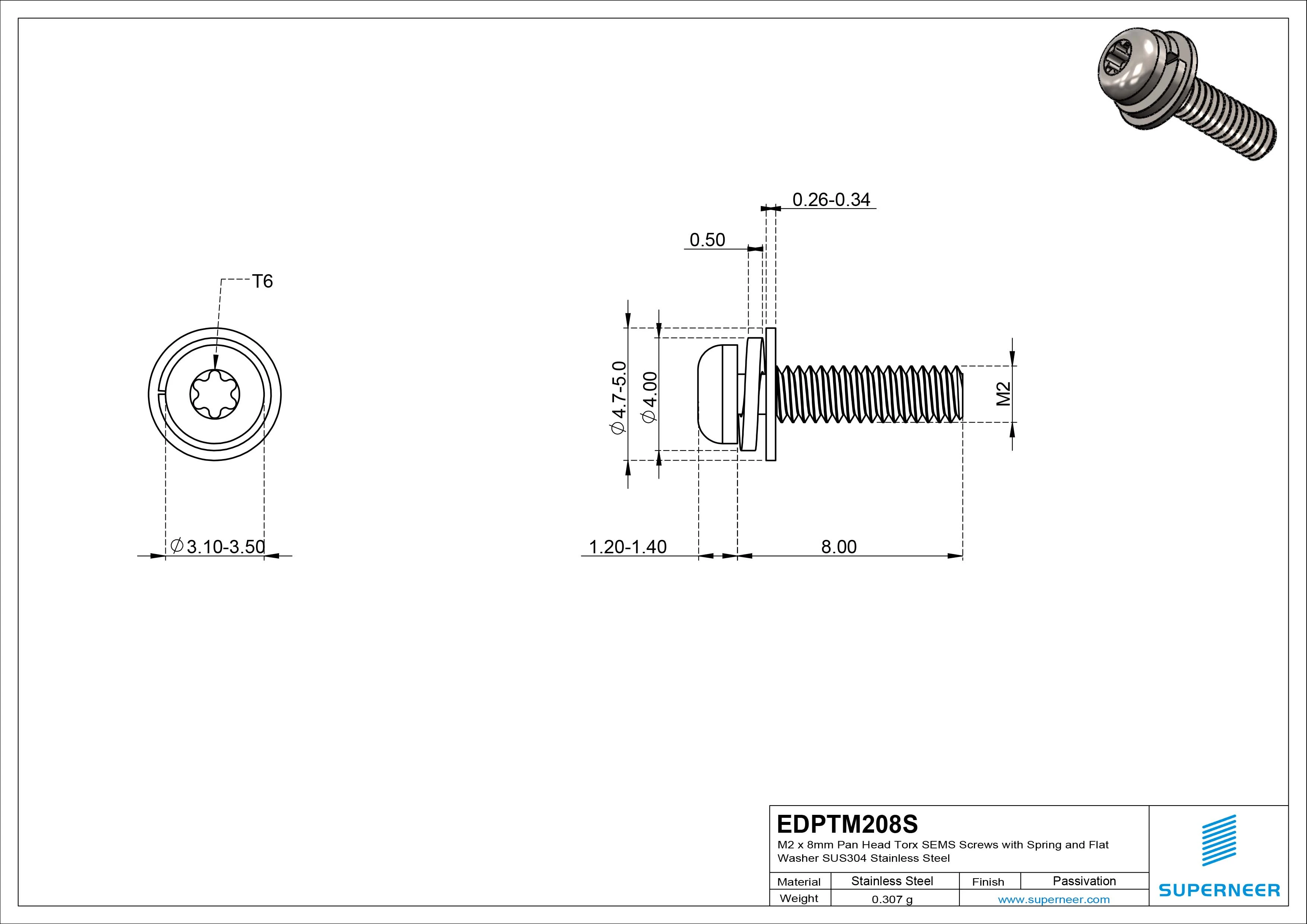 M2 x 8mm Pan Head Torx SEMS Screws with Spring and Flat Washer SUS304 Stainless Steel Inox