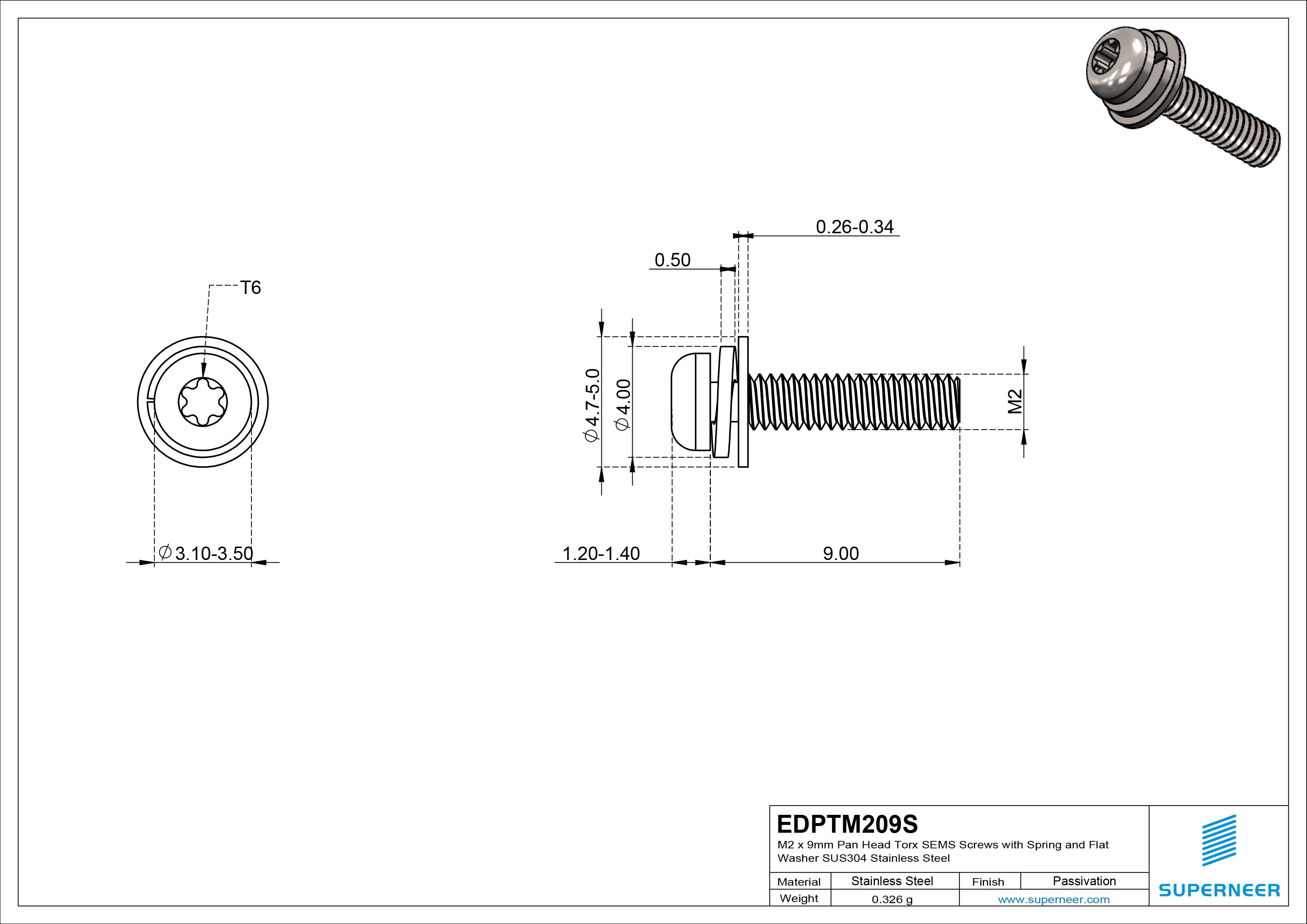 M2 x 9mm Pan Head Torx SEMS Screws with Spring and Flat Washer SUS304 Stainless Steel Inox
